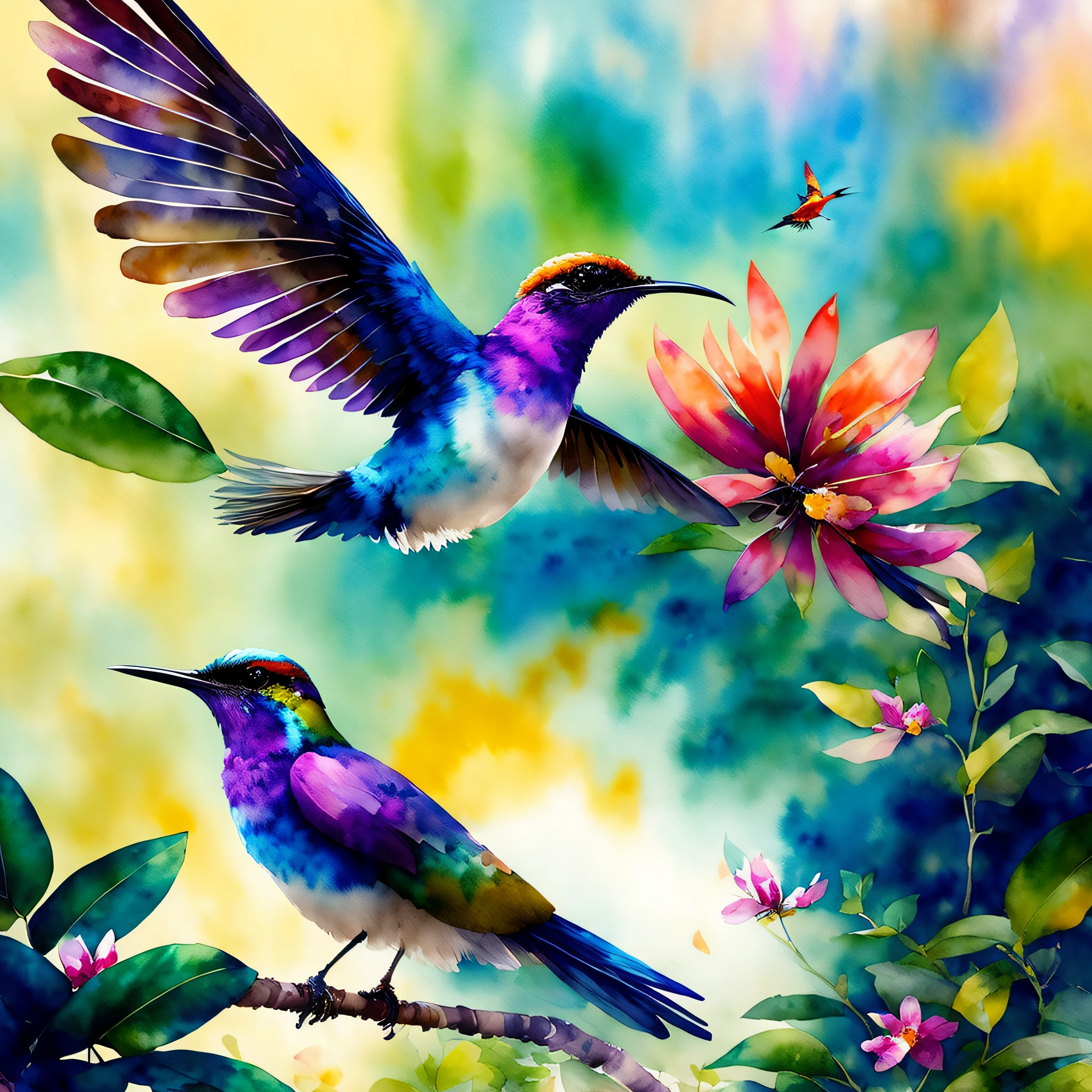 (masterpiece, best quality:1.4), stunning watercolor painting, digital art of a flying colibri in the jungle, (looking into camera:1.2), (blown by the wind:1.3), (centered:1.4), official art, beautiful, (watercolor:1.1), paint splatter, intricate details. great detail, (dripping:0.7), trending on Artstation, style of Rachel Walker