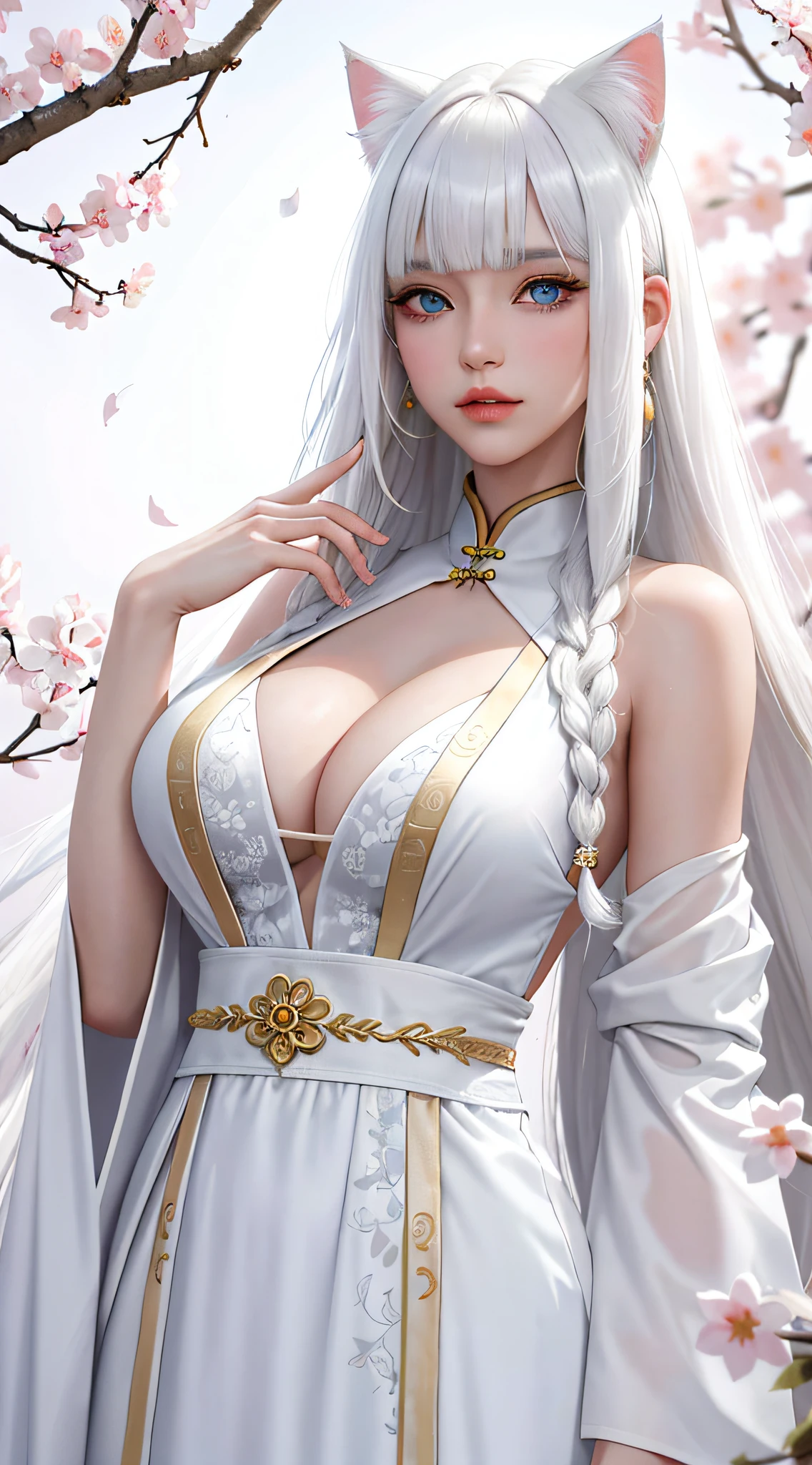 Light white hair, blunt bangs, asymmetrical hair, hair behind the ears, long hair, wavy hair, blue eyes, cat pupils, eyebrows behind hair, cat ears, severe, facial hair, UHD, anatomically correct, textured skin, high detail, 1080P, Chinese hanfu, sexy, exposed, big breasts, under the cherry blossom tree by the garden, the most beautiful pose