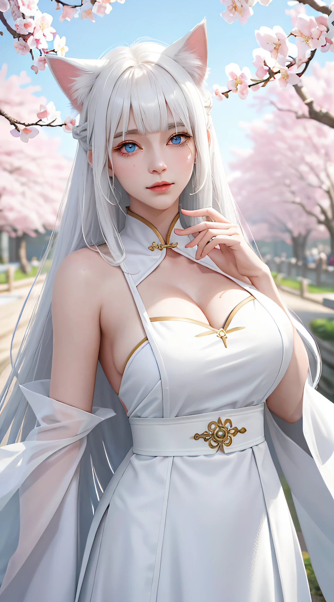 Light white hair, blunt bangs, asymmetrical hair, hair behind the ears, long hair, wavy hair, blue eyes, cat pupils, eyebrows behind hair, cat ears, severe, facial hair, UHD, anatomically correct, textured skin, high detail, 1080P, Chinese hanfu, sexy, exposed, big breasts, under the cherry blossom tree by the garden, the most beautiful pose