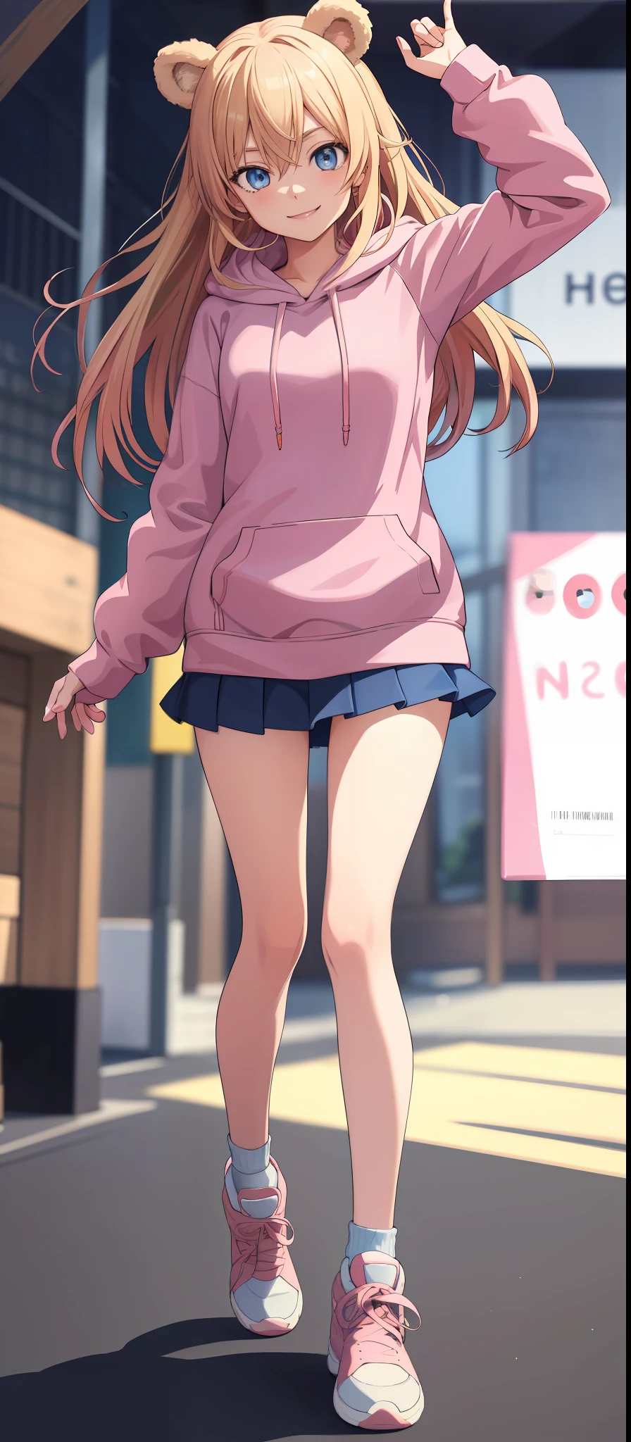 2d, masterpiece, best quality, anime, highly detailed face, highly detailed eyes, highly detailed background, perfect lighting, full body, 1girl, solo, pink bear hoodie, blonde hair, blue eyes, long hair, pink hoodie, miniskirt, standing, dynamic pose, smile, white background,