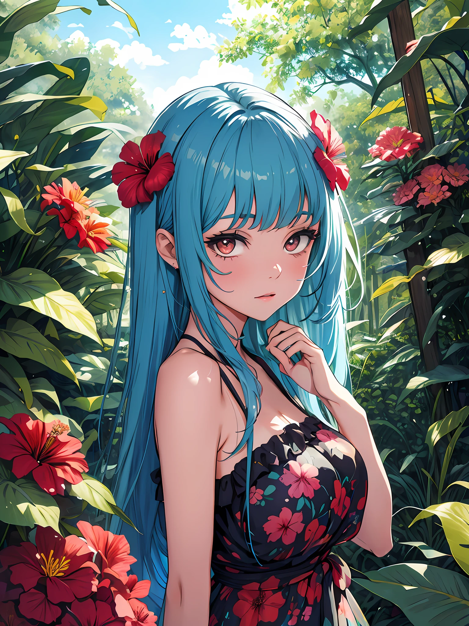 Absurdity, super detail, masterpiece, top quality, break, official art, (beautiful and aesthetic: 1.2), (watercolor: medium), break, orange eyes, sharp eyes, hawk-like eyes, scary eyes, break, long eyelashes, break, beautiful girl, beautiful girl, (cute: 1.3), , break, long hair, colorful hair, splash, (mixed blue and pink hair: 1.2), ( fractal art 1.2), disheveled hair, red ribbon, flower, hibiscus, break, sexy, bikini, orange, bare shoulders, break, nature, forest, sky, earth spreads, jungle, colorful, iridescent, break, bewitching, god of beauty, break, best quality, break, bewitching, bewitching, break, looking at flowers, break, illustration, break,