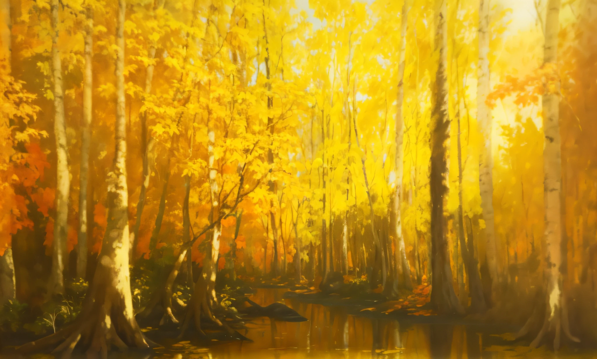 Vintage oil painting, autumn forest with a stream in the middle, birch swamp, tranquil scene, landscape oil painting, in autumn forest, clearer tree outlines, deeper shadows, clearer leaves, more realistic reflections on the water surface