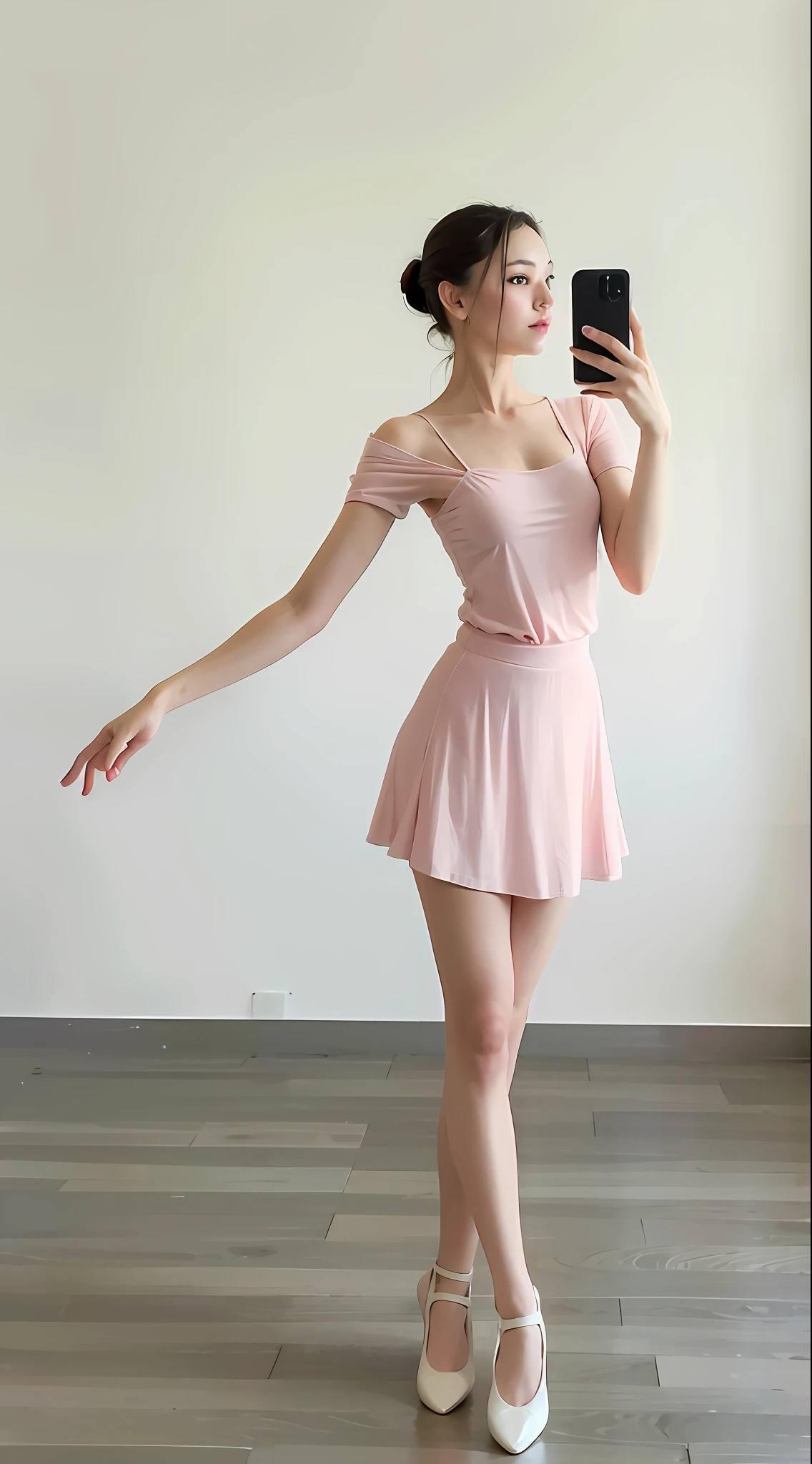 A beautiful woman practicing ballet moves, taking a selfie with a mobile phone, simple background, indoor light, high quality, 8k,