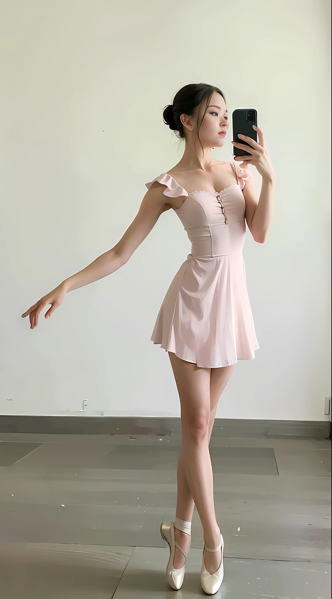 A beautiful woman practicing ballet moves, taking a selfie with a mobile phone, simple background, indoor light, high quality, 8k,