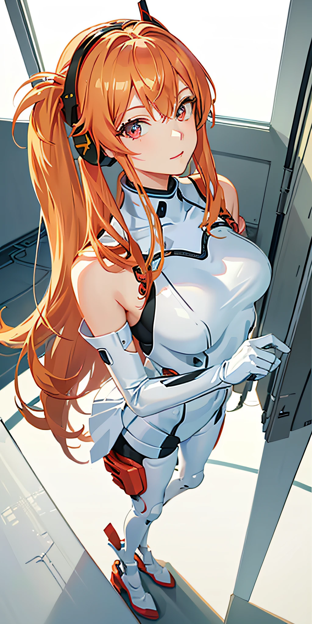 (Overhead view),dynamic angle,ultra-detailed, illustration, close-up, straight on, 1girl, 
 ((souryuu asuka langley, interface headset, red bodysuit:1.4, blonde)),Her eyes shone like dreamy stars,(glowing eyes:1.233),(beautiful and detailed eyes:1.1),(expressionless,closed mouth),(standing), 
(mechanic room with toolsand spaceship windowin a white SPACESHIP),
(night:1.2),dreamy, [[delicate fingers and hands:0.55]::0.85],(detail fingers),