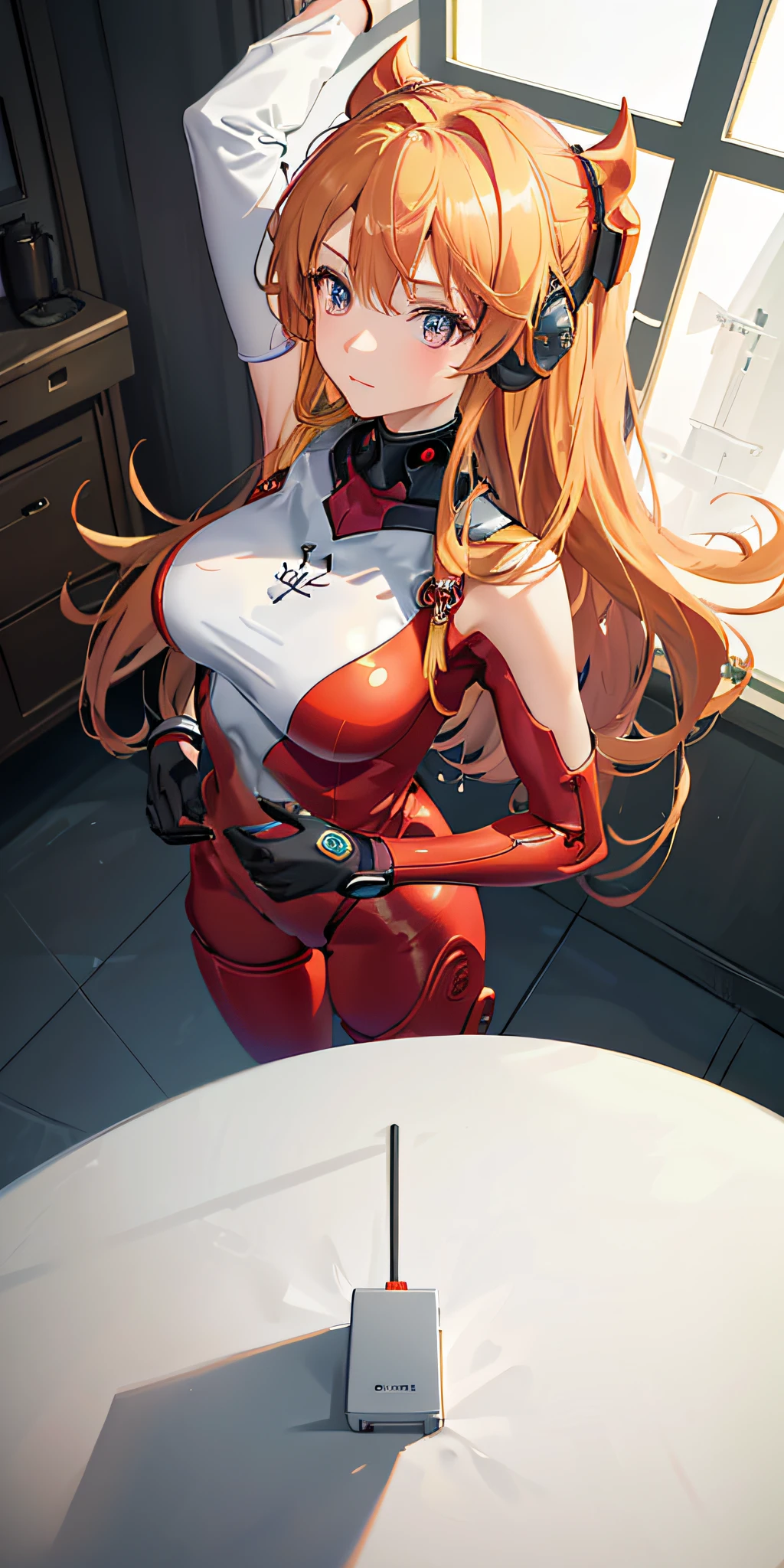 (Overhead view),dynamic angle,ultra-detailed, illustration, close-up, straight on, 1girl, 
 ((souryuu asuka langley, interface headset, red bodysuit:1.4, blonde)),Her eyes shone like dreamy stars,(glowing eyes:1.233),(beautiful and detailed eyes:1.1),(expressionless,closed mouth),(standing), 
(mechanic room with toolsand spaceship windowin a white SPACESHIP),
(night:1.2),dreamy, [[delicate fingers and hands:0.55]::0.85],(detail fingers),