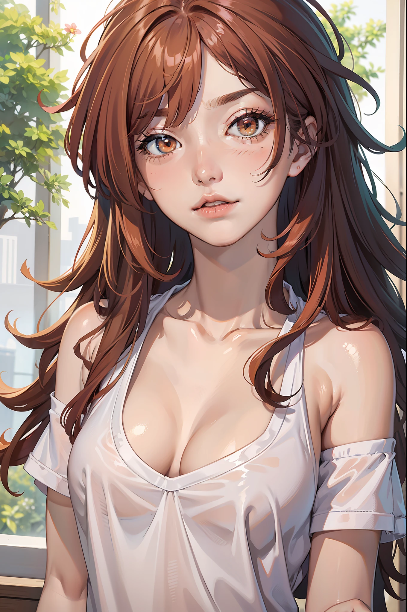 (masterpiece), best quality, expressive eyes, perfect face, short, petite, bratty face, smirk, 18 year old, small-medium sized breasts, apartment setting, oversized white shirt, white cotton panties, blush, pastel color, soft and warm lighting, 1girl, solo, brown skin, large lucious lips, kissable lips, thick eyelashes, anime-like, cute, hot, sexy, girl on bed, curly and wavy hair, brown tan, blonde streaks, fit physique, large t-shirt, curly amd wavy hair, bangs, tsundere expression, orange hair, ginger, green-teal eyes, half italian half japanese girl, orange-red hair color