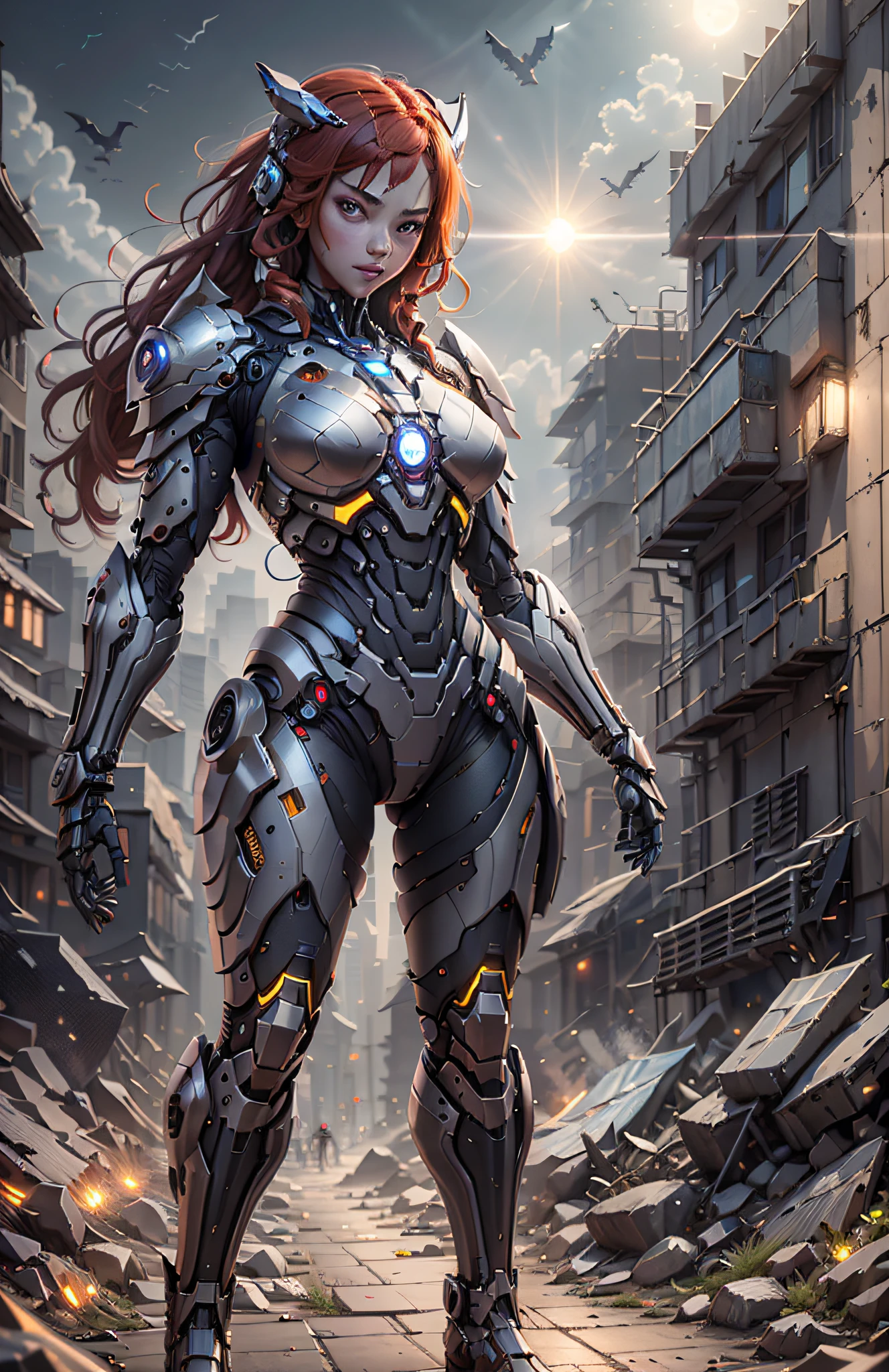 (Best Quality)), ((Masterpiece)), (Very Detailed: 1.3), 3D, Beautiful cyberpunk woman, iron man cosplay, vegetant armor, golden yellow, sci-fi technology, HDR (High Dynamic Range), ray tracing, nvidia RTX, super resolution, unreal 5, subsurface scattering, PBR texture, post-processing, anisotropic filtering, depth of field, maximum sharpness and sharpness, multi-layer texture, specular and albedo mapping, surface shading, accurate simulation of light-material interactions, perfect proportions, octane rendering, duotone lighting, low ISO, white balance, rule of thirds, wide aperture, 8K RAW, high efficiency subpixels, subpixel convolution, light particles, light scattering, Tyndall effect, very sexy bikini, full body, battle pose, red hair with braids, bats in the notune sky, full moon,