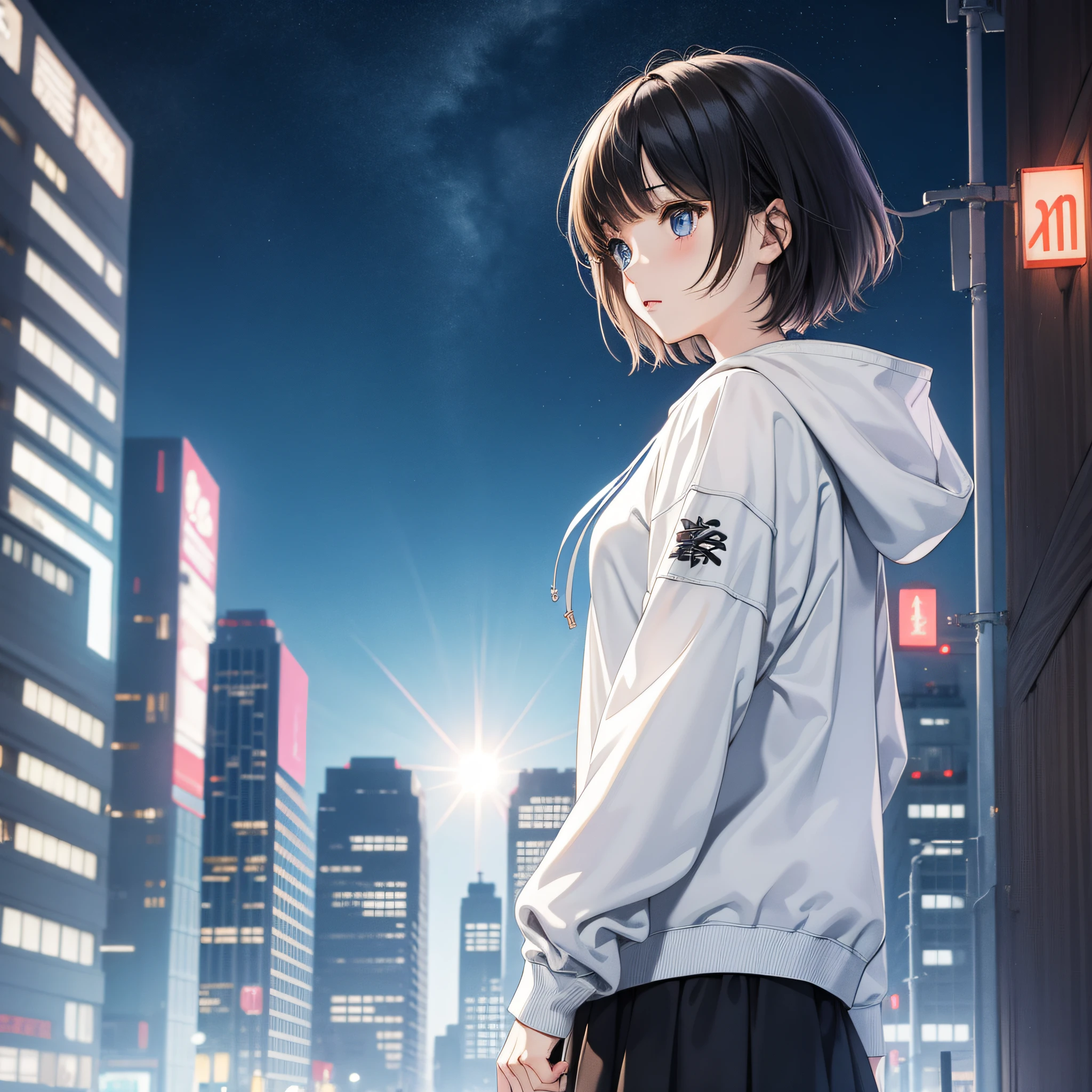 1girl, manga style, medium view, looking up, side view, hoodie, short hair, solo, (city background, lighting, blur: 1.2)