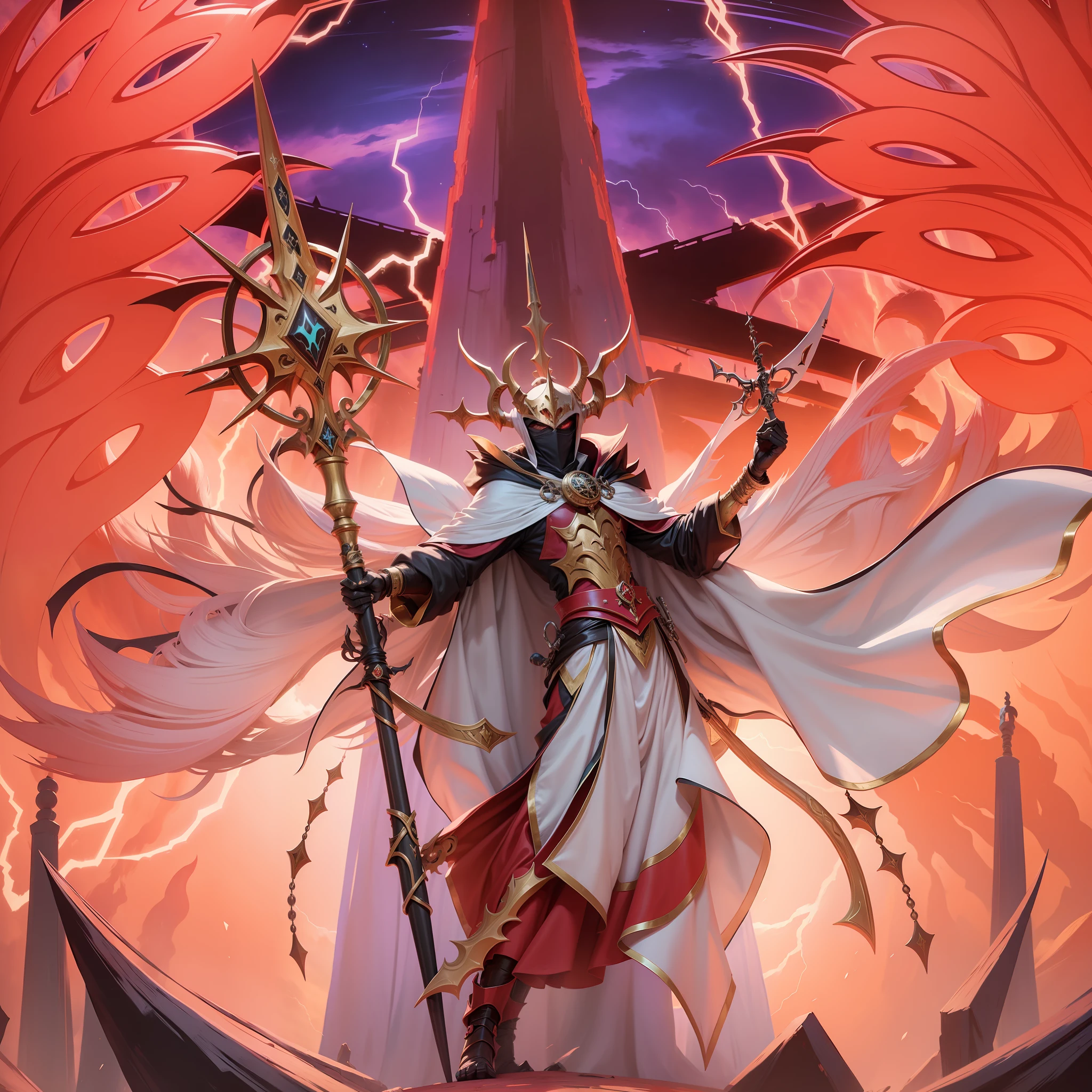 Masked cultist, holding a staff from the ground, demon, with big claws, 4k, Yu-Gi-Oh