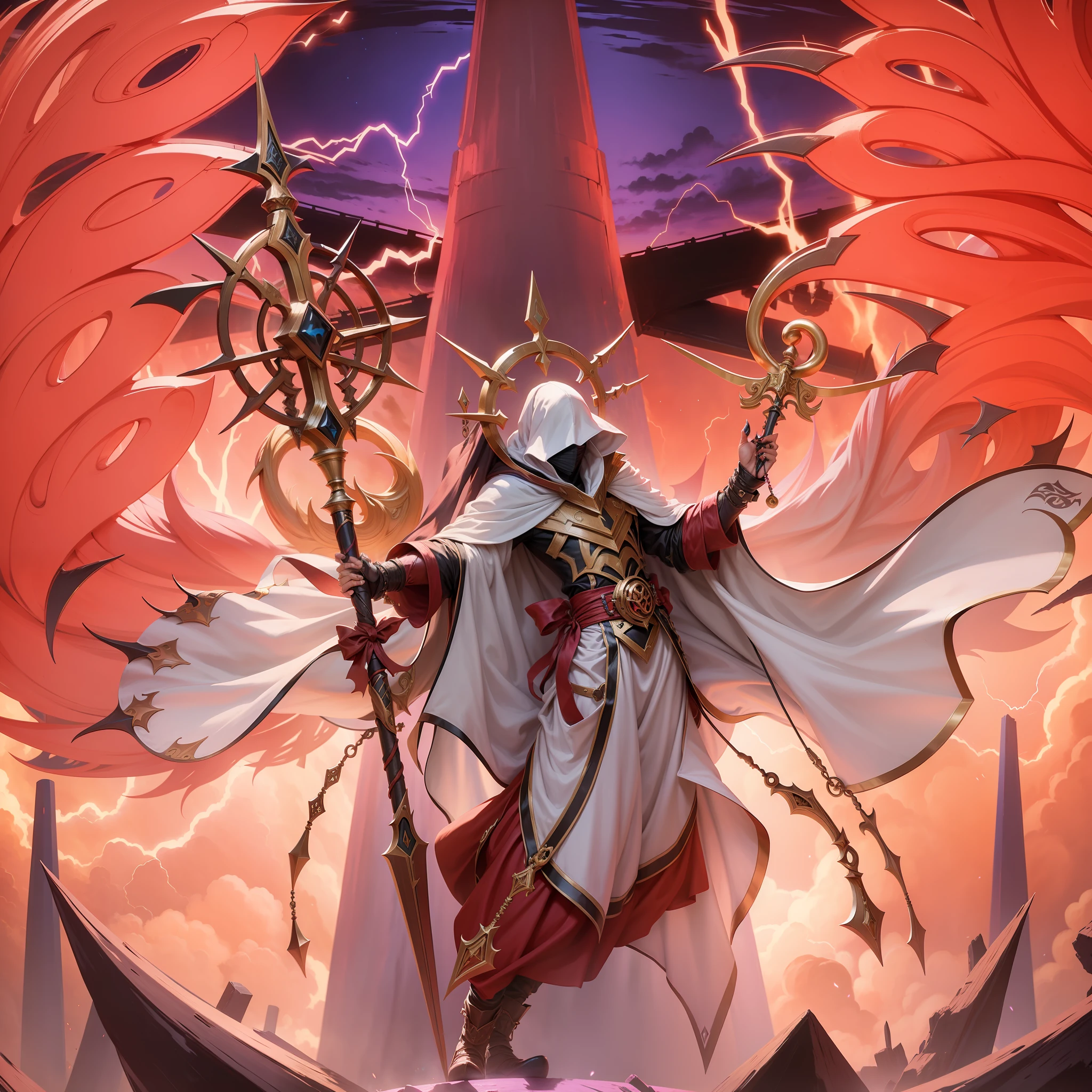 Masked cultist, holding a staff from the ground, demon, with big claws, 4k, Yu-Gi-Oh