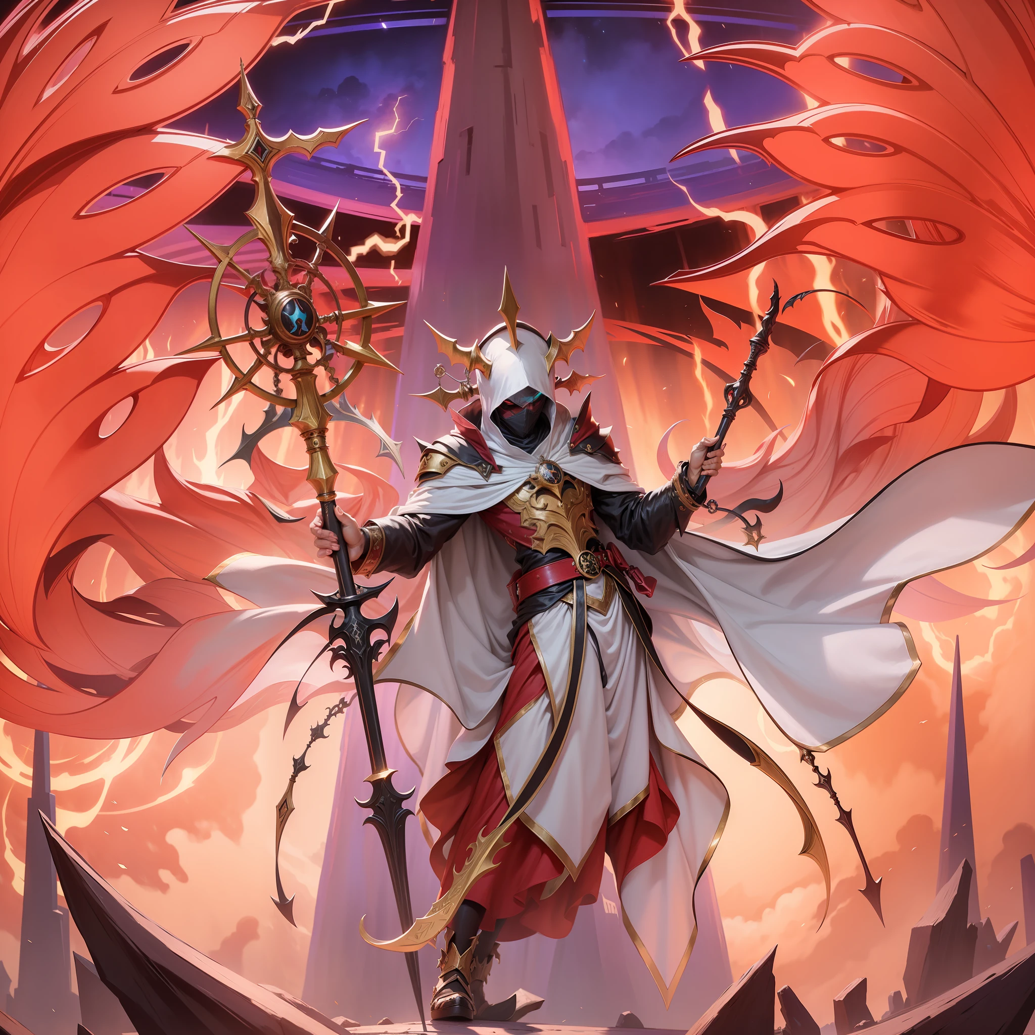 Masked cultist, holding a staff from the ground, demon, with big claws, 4k, Yu-Gi-Oh