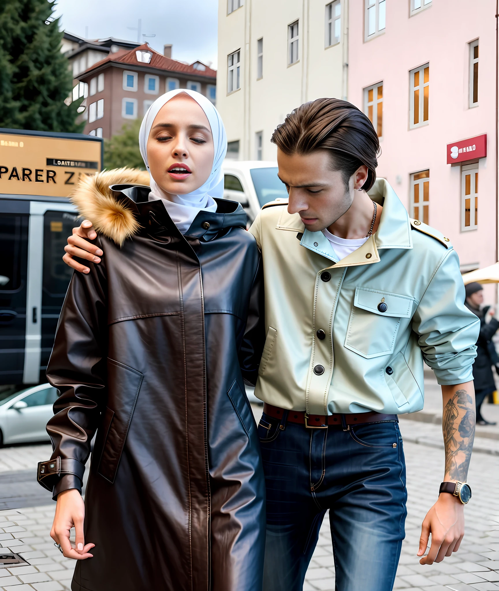 agonised faces, a shorthaired blond man is visibly in pain, a blond and shorthaired man is screaming out loud with pain, a blond and shorthaired man has tears of pain in his face, a terrified young woman is looking very shocked, a woman has an excited face, a extremely madeup woman is looking very furious, Da ist ein Mann und eine Frau, die zusammen die Straße entlang gehen, Hijab, leather, fetish-woman, shiny woman, Aykut Aydogdu, Emir, realistische Kunst, sieht aus wie Ebru Şahin, Fallout-Stil Istanbul, trägt Ledermantel, Serena Malyon, Enes Dirig, trägt schwarzen Leder-Trenchcoat, Internet-Meme, hautenger, tiefschwarzer Leahter-Mantel, Muslim, ((übersättigt)), there is a young couple standing arm-in-arm, there is a longhaired attractive woman wearing a high-shine puffy jacket, a wetlook moncler jacket, a blond woman is crying with sorrow, a blond woman is holding an injured boy, there is a boy in jeans and a matte dark cotton-t-shirt hugging a blond woman in a very shiny padded laquered coat, a boy has a painful face and cannot walk, there is a blond girl giving support to an injured boy, a wounded boy cannot walk and has to be supported by a girl, a sad looking girl ia carrying a wounded boy, masterpiece, solo, russian woman, 20 years, clothed, jeans, boy in a cotton t- shirt, brown shoes, super detailed background, wheat field, detailed face, brown eyes, crying out, tears, desperation, pain, agony, accident pose, dramatic suffering pose, , hands detailed hands, fingers:5, brunette, full body and legs portrait, female in shiny black jacket, male boy in matte dark t-shirt