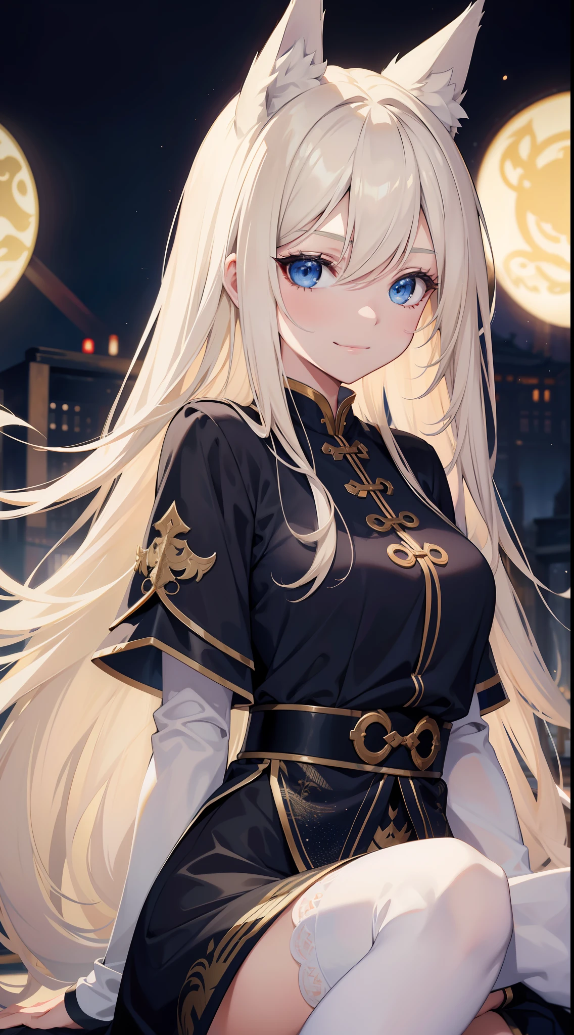 Adult girl, long blonde hair with white strands, blue eyes, wolf ears, black Chinese clothes, smile, masterpiece, high quality