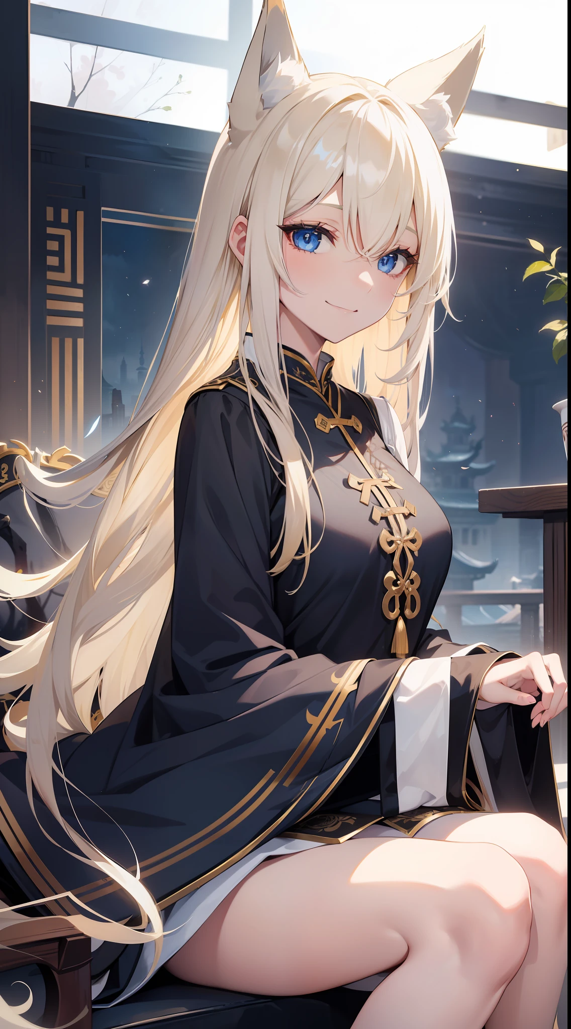 Adult girl, long blonde hair with white strands, blue eyes, wolf ears, black Chinese clothes, smile, masterpiece, high quality