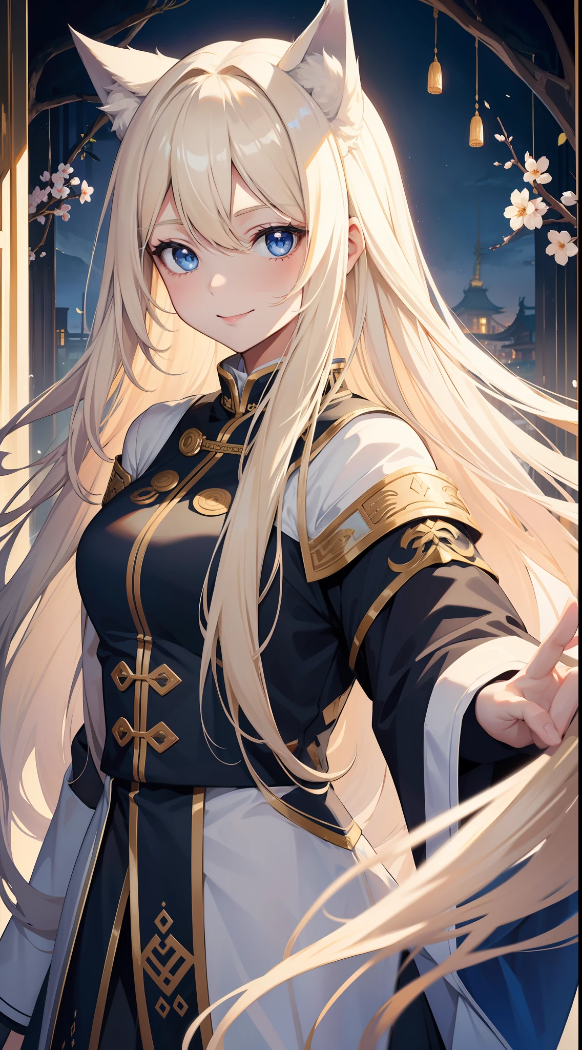 Adult girl, long blonde hair with white strands, blue eyes, wolf ears, black Chinese clothes, smile, masterpiece, high quality