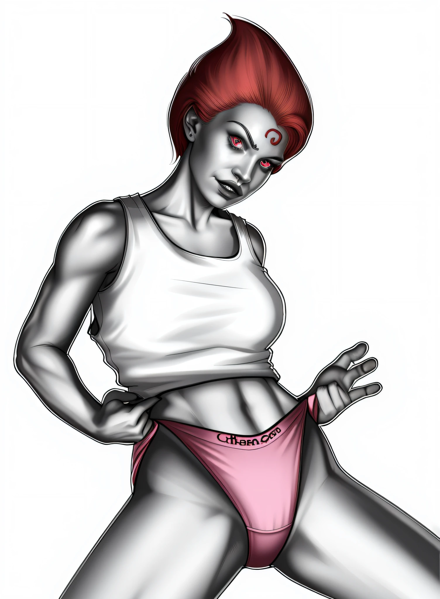 3 eyed red haired demon woman in white tanktop pulling up her pink cotton panties, realistic art style, detailed wrinkles