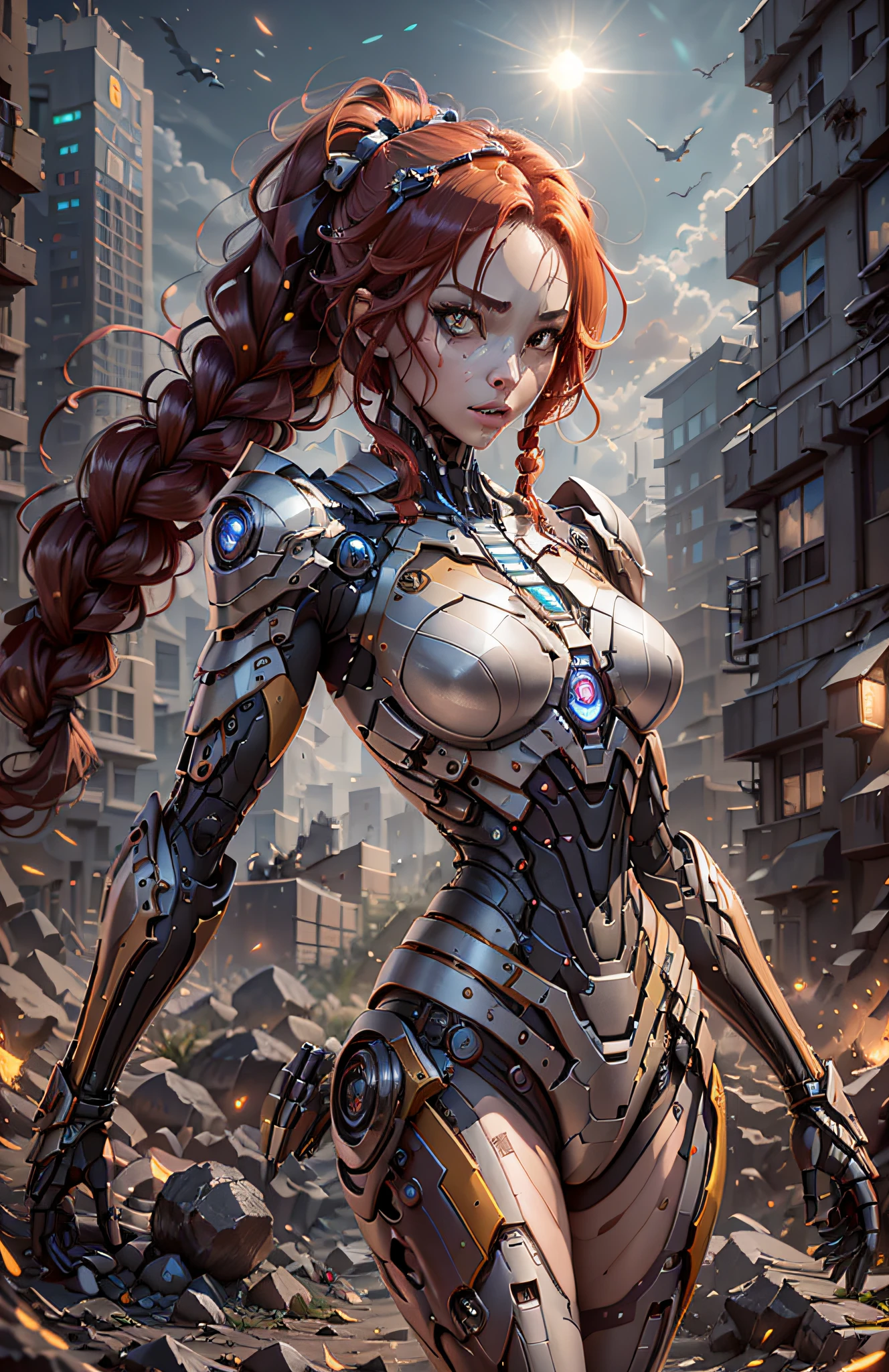 (Best Quality)), ((Masterpiece)), (Very Detailed: 1.3), 3D, Beautiful cyberpunk woman, iron man cosplay, vegetant armor, golden yellow, sci-fi technology, HDR (High Dynamic Range), ray tracing, nvidia RTX, super resolution, unreal 5, subsurface scattering, PBR texture, post-processing, anisotropic filtering, depth of field, maximum sharpness and sharpness, multi-layer texture, specular and albedo mapping, surface shading, accurate simulation of light-material interactions, perfect proportions, octane rendering, duotone lighting, low ISO, white balance, rule of thirds, wide aperture, 8K RAW, high efficiency subpixels, subpixel convolution, light particles, light scattering, Tyndall effect, very sexy bikini, full body, battle pose, red hair with braids, bats in the notune sky, full moon,