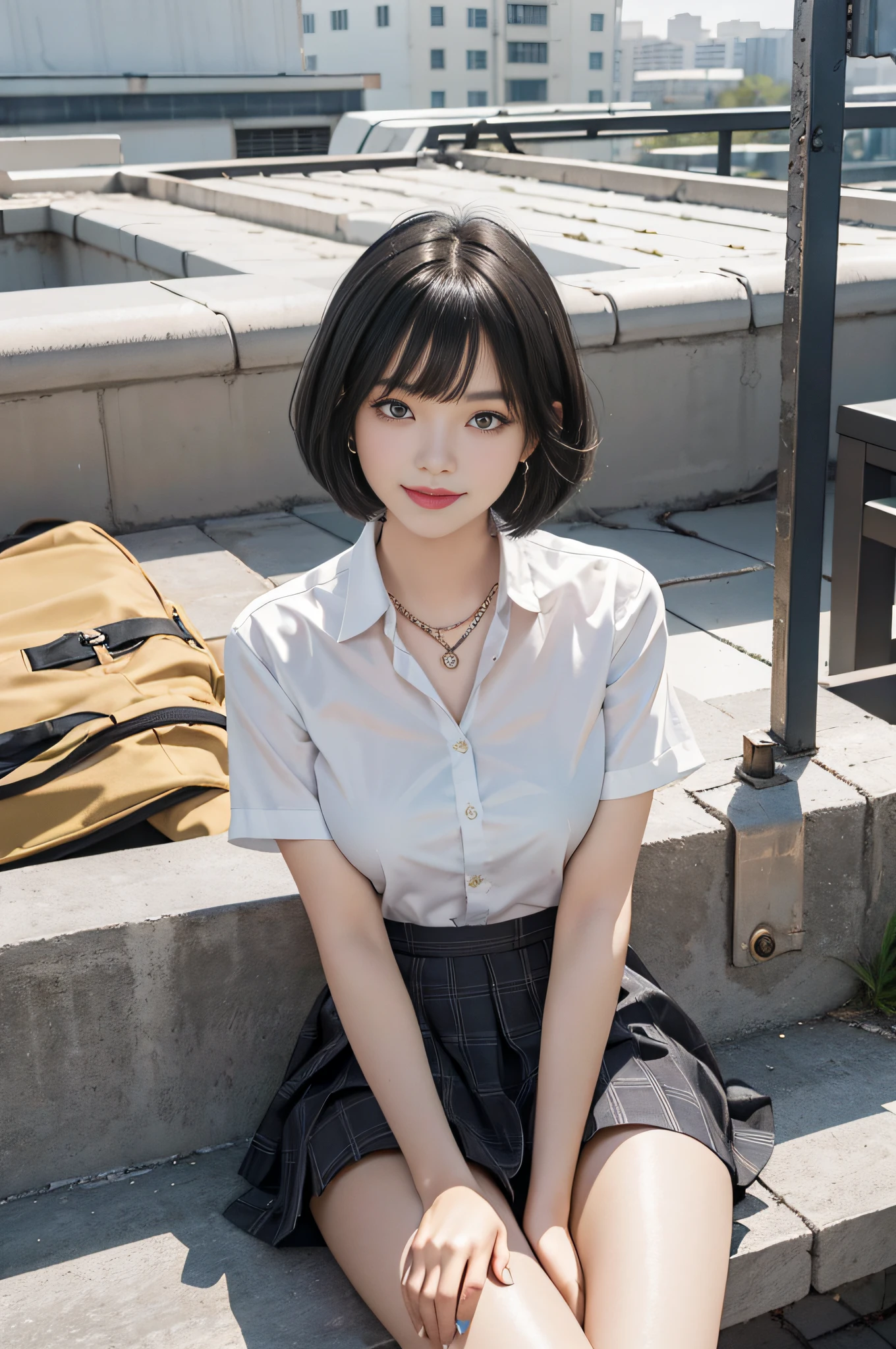 Top quality, RAW photo, super high resolution, smile, 17 year old Korean, very big round breasts, shiny black hair, bob cut, short cut, matching bangs, school uniform, collared shirt, ribbon, yellow plaid skirt, hair fastening, beautiful eyes, very thin mouth,, beautiful eyes in detail, cut eyes, dark cheek makeup, long eyelashes, beautiful double eyelids, eye shadow, Beautiful thin legs, beautiful thighs, earrings, necklace, school rooftop, rooftop bench, iron fence on rooftop, sitting with legs open