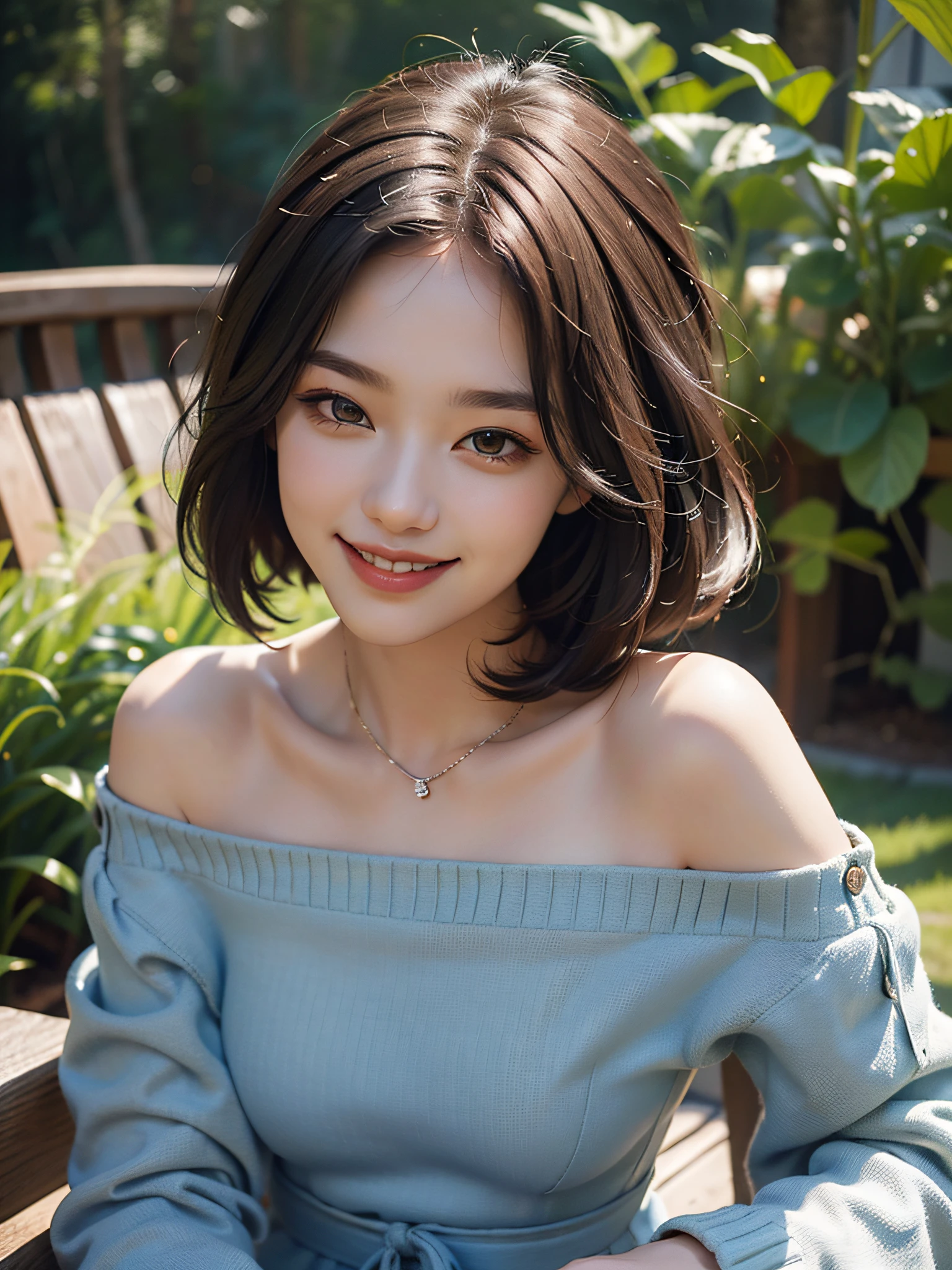 best quality, masterpiece, ultra high res, photorealistic, 1girl, offshoulder, smile