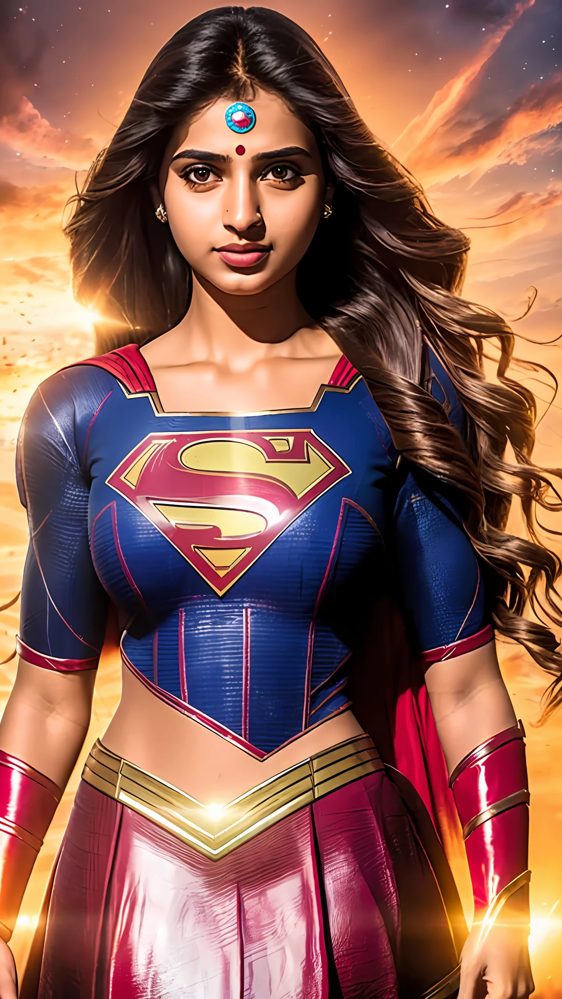 8k, Realistic, (masterpiece), best quality, ultra-detailed,  high-resolution, (indian girl),(supergirl costume dress)+(big breasts:1.1), half-body, beautiful face,(glowing skin🔥:1.2+extremely detailed skin)+[ warm lighting and vibrant colors🌟:0.9 ], dynamic pose,bright eyes.