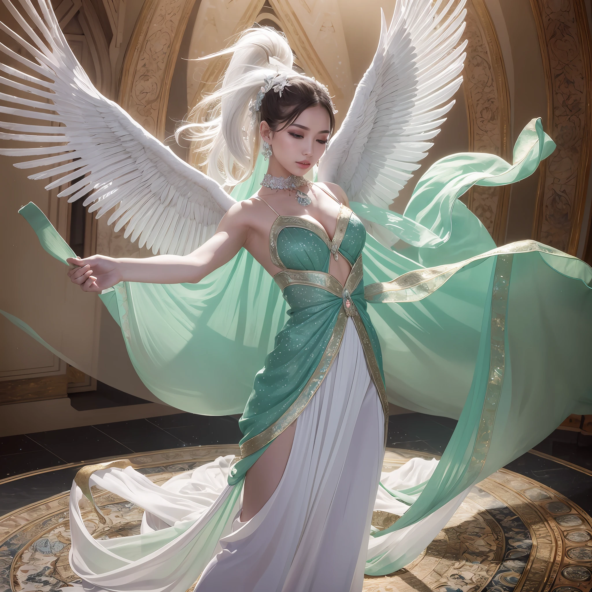 A color photo of a dance performance, beautiful angel face,realitic,set against a backdrop of a heavenly palace in the clouds, next to the Jade Pool. The dancer is wearing an elegant and flowing costume, with long trailing sleeves that resemble feathered wings. The dancer's movements are graceful and fluid, as if she is flying in the sky. The atmosphere is divine and serene. The photo utilizes specific camera settings, including a particular camera model, film type, and lens techniques. A collaboration of creative professionals from various fields will work together to uniquely capture the beauty and magic of the dance