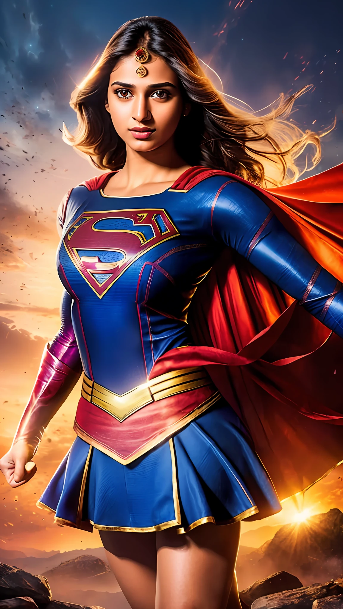 8k, Realistic, (masterpiece), best quality, ultra-detailed,  high-resolution, (indian girl),(supergirl costume dress)+(big breasts:1.1), half-body, beautiful face,(glowing skin🔥:1.2+extremely detailed skin)+[ warm lighting and vibrant colors🌟:0.9 ], dynamic pose,bright eyes.