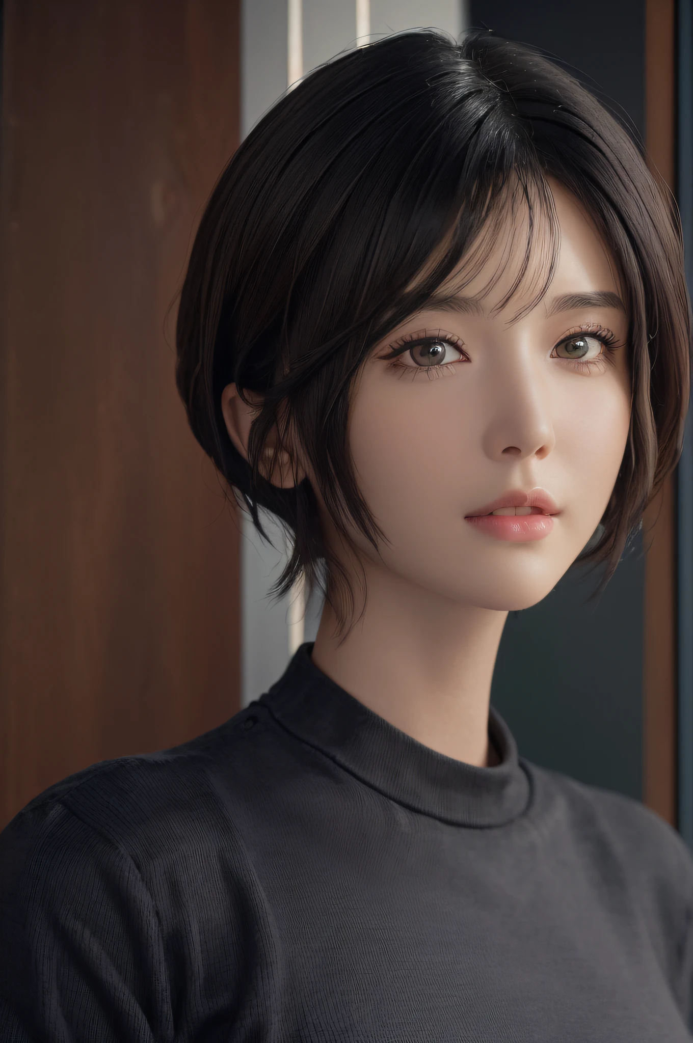 (masterpiece:1.3), (8k, photorealistic, RAW photo, best quality: 1.4), (1girl), beautiful face, (realistic face), (black hair, short hair:1.3), light red Nice hairstyle, realistic eyes, beautiful detailed eyes, (realistic skin), beautiful skin, (white sweater), ridiculous, attractive, super high resolution, super realistic, very detailed, golden ratio
