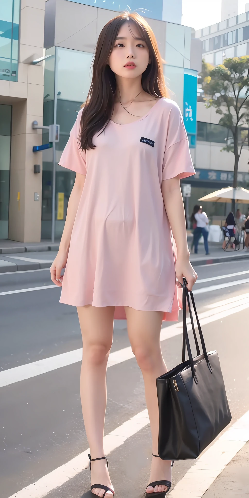 mix4, 20d, solo, long_hair, shirt, dress, high_heels,full_body, look_at_viewer, (8k, RAW photo, best quality, mastery:1.2), (realistic, photo-realistic:1.37), professional lighting, photon mapping, 光能传递,基于物理的渲染,项链,耳环,手链,微笑 ,火(1)