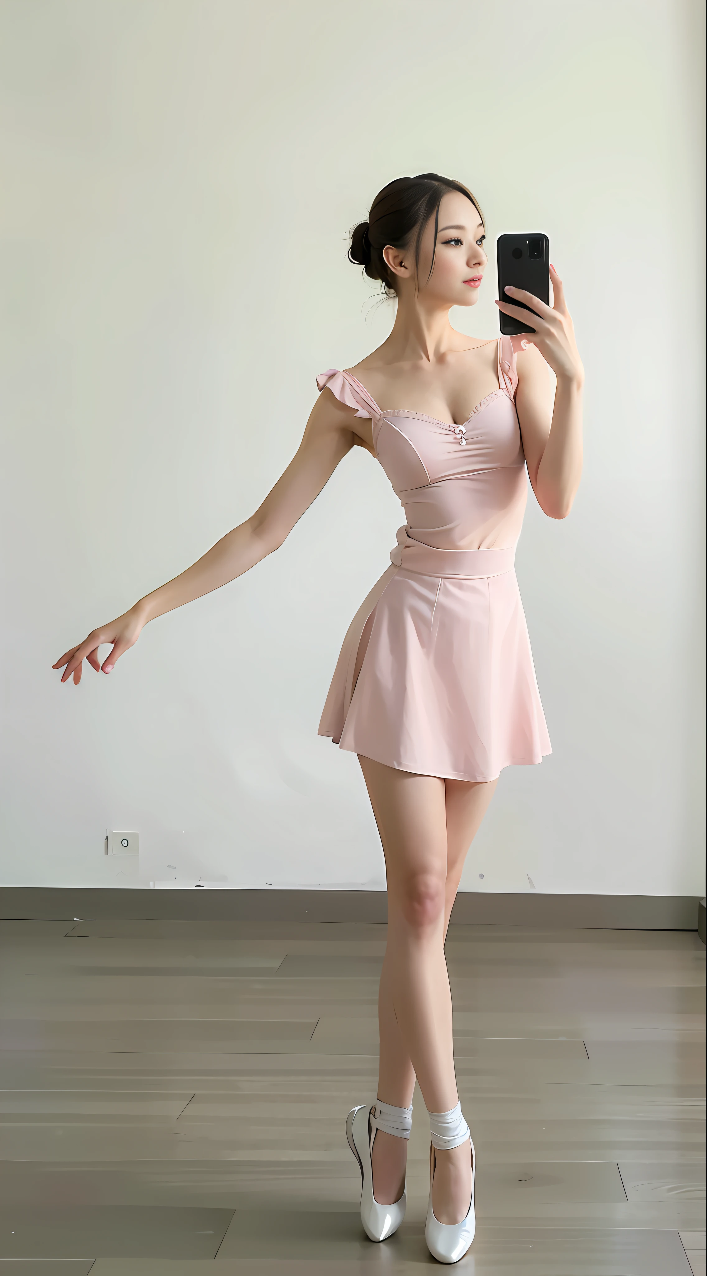 A beautiful woman practicing ballet moves, taking a selfie with a mobile phone, simple background, indoor light, high quality, 8k,