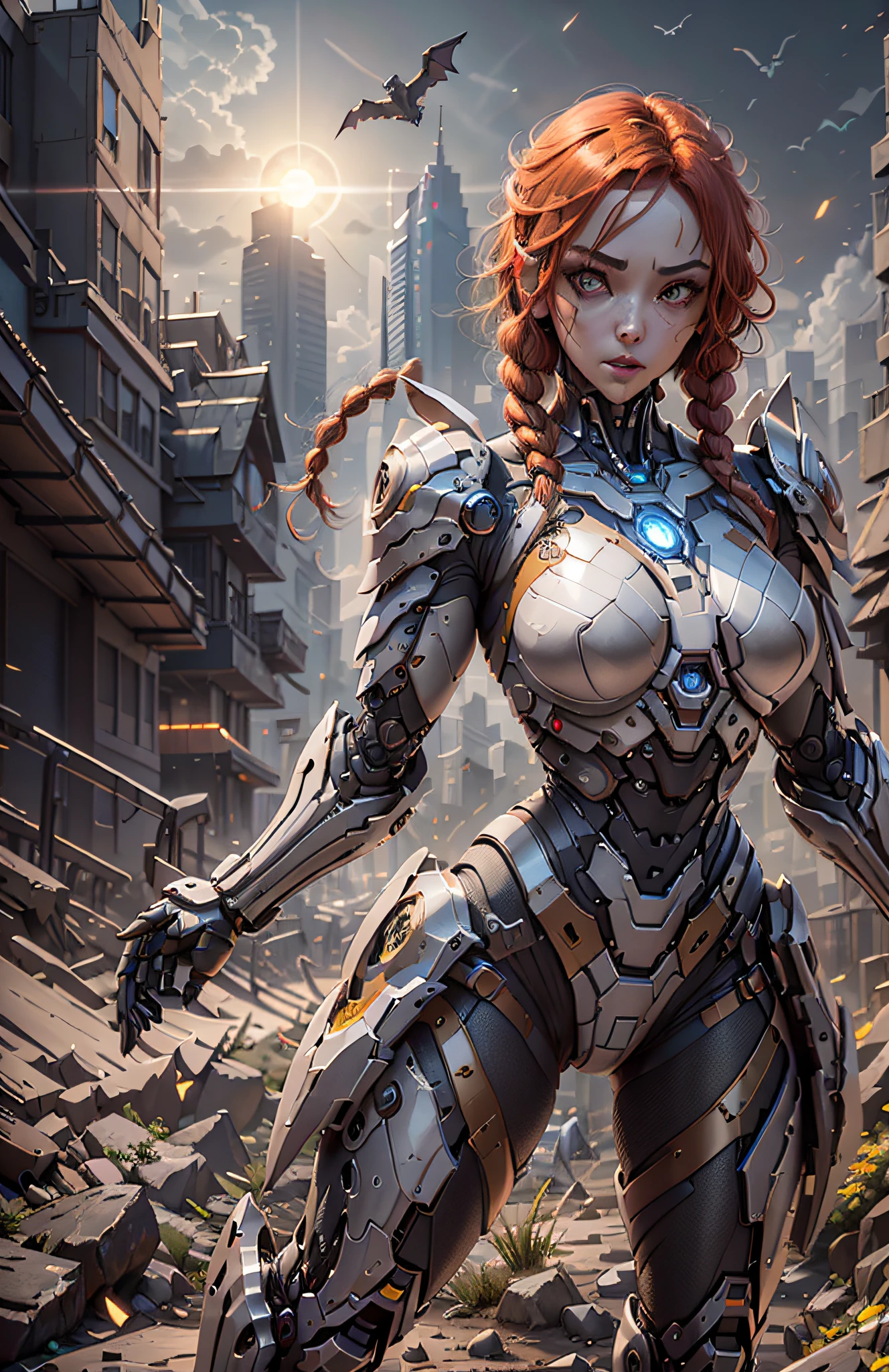 (Best Quality)), ((Masterpiece)), (Very Detailed: 1.3), 3D, Beautiful cyberpunk woman, iron man cosplay, vegetant armor, golden yellow, sci-fi technology, HDR (High Dynamic Range), ray tracing, nvidia RTX, super resolution, unreal 5, subsurface scattering, PBR texture, post-processing, anisotropic filtering, depth of field, maximum sharpness and sharpness, multi-layer texture, specular and albedo mapping, surface shading, accurate simulation of light-material interactions, perfect proportions, octane rendering, duotone lighting, low ISO, white balance, rule of thirds, wide aperture, 8K RAW, high efficiency subpixels, subpixel convolution, light particles, light scattering, Tyndall effect, very sexy bikini, full body, battle pose, red hair with braids, bats in the notune sky, full moon,