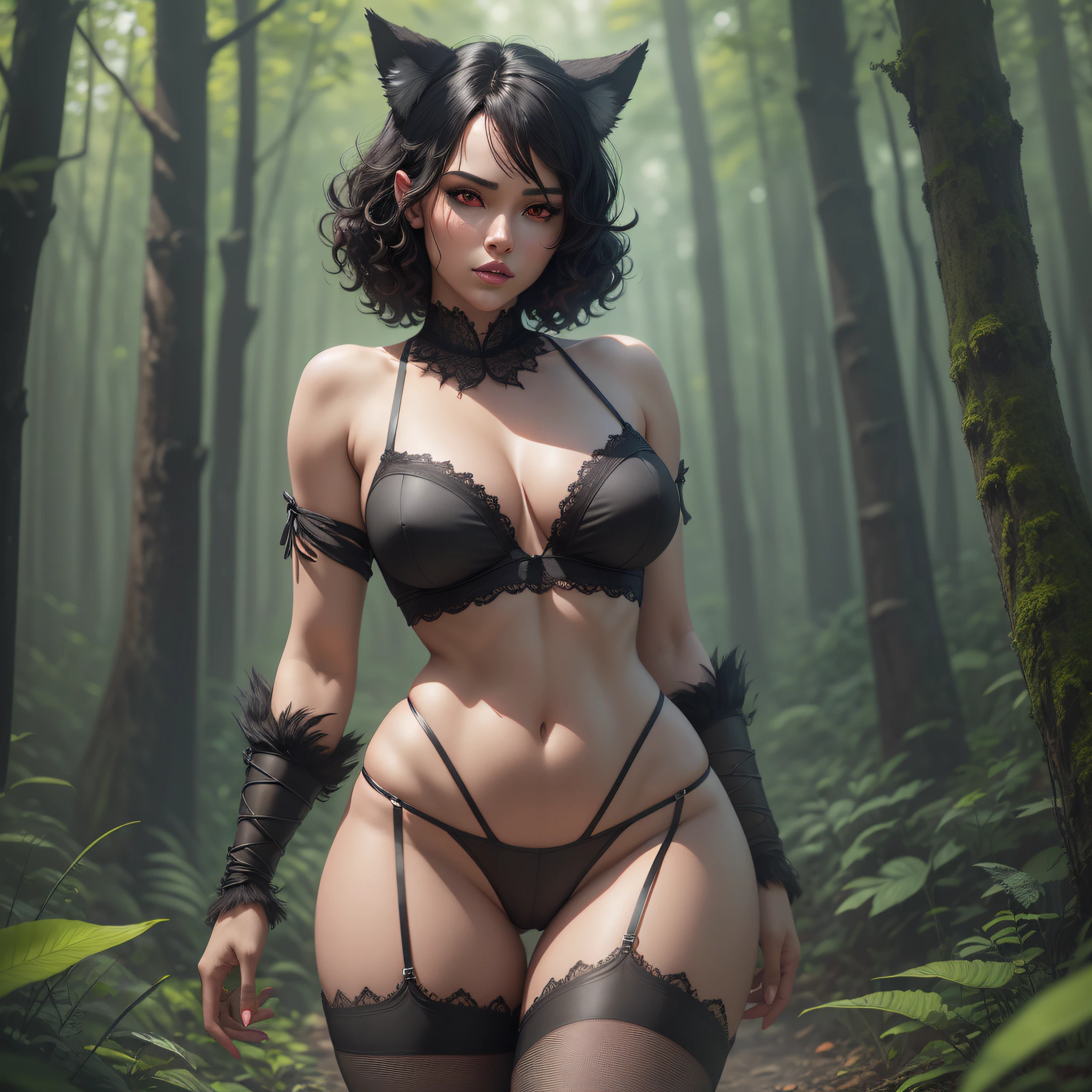 "Sensual woman with open legs, short curly hair, tight black sexy lingerie, tight panties, under the company of a fierce strong wolf with red eyes in a dark and realistic forest (octane render)" --auto --s2