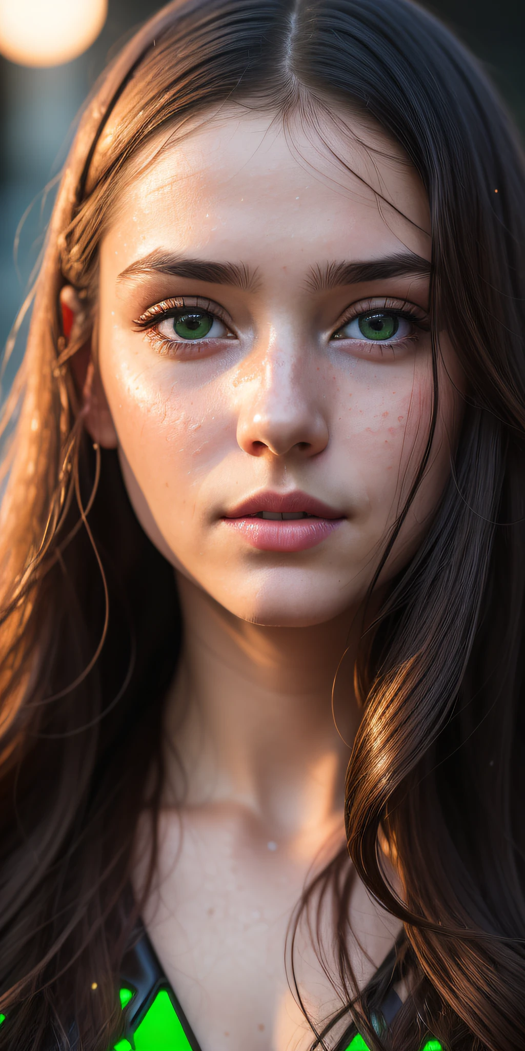 Full face portrait photo of 25 year old European girl, RAW, beautiful woman, half-open strawberry lips, dimples, longing gaze, green eyes, big pupils, big eyelashes, (very long wavy brown hair), ((detailed face)), ((detailed facial features)), (fine skin), pale skin, (tech cyberpunk dress with detailed deep cleavage), Cyberpunk megacity environment, (cold colors), wet, damp, reflection, (masterpiece) (perfect proportions) (realistic photos) (highest quality) (detail) shot with Canon EOS R5, 50mm lens, f/2.8, HDR, (wallpaper) (cinematic lighting) (dramatic lighting) (sharp focus) (complex), (face close-up)),