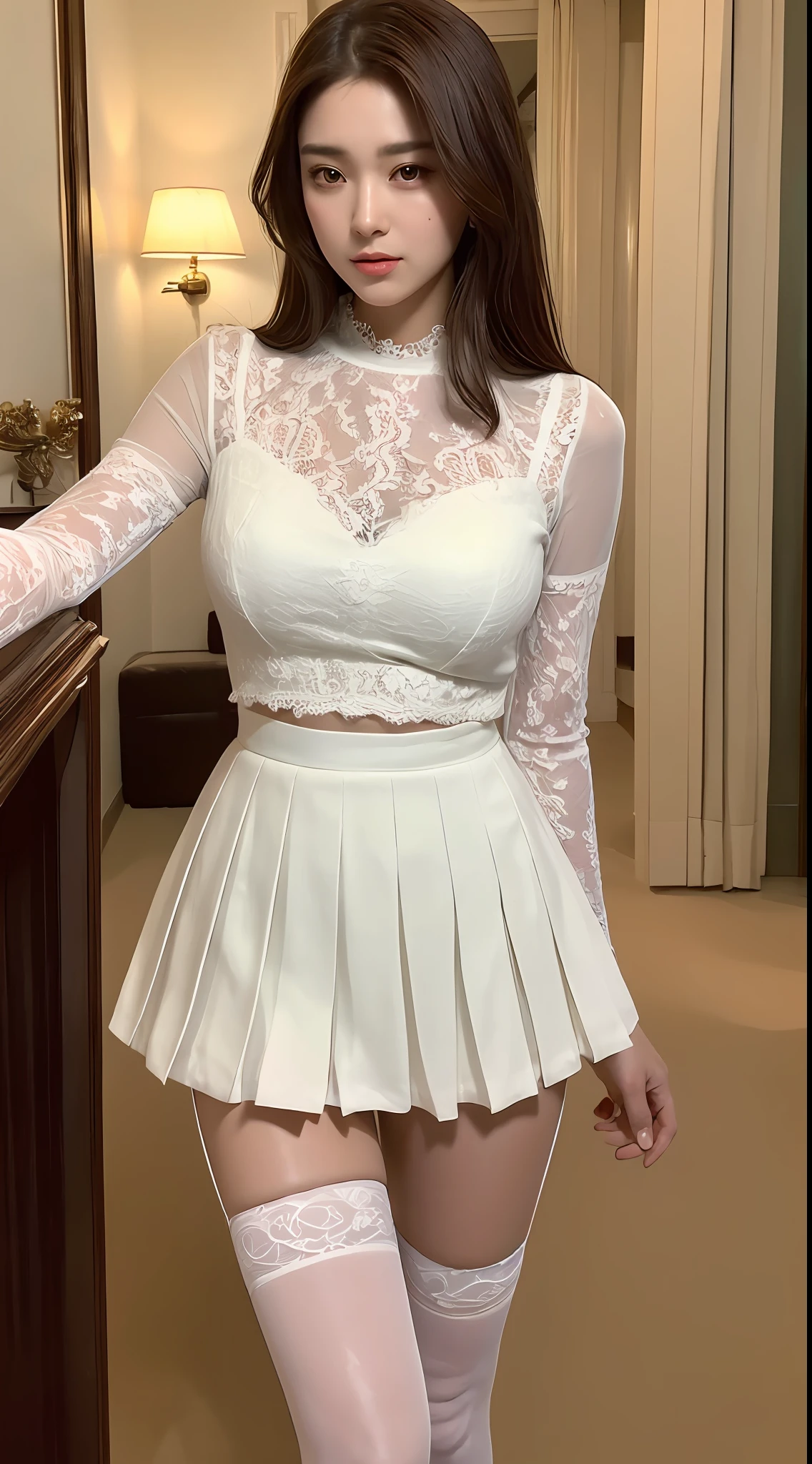 ((Best quality, 8k, Masterpiece :1.3)), Full body, Long legs, Focus, 1girl, Perfect Body Beauty: 1.4, Slim Abs: 1.1, ((Dark Brown Hair, Big Breasts: 1.2)), (Tights: 1.4, Lace Pleated Skirt: 1.3, White Lace Stockings: 1.3), Hotel, Park View, Highly Detailed Facial and Skin Texture, Detailed Eyes, Double Eyelids,