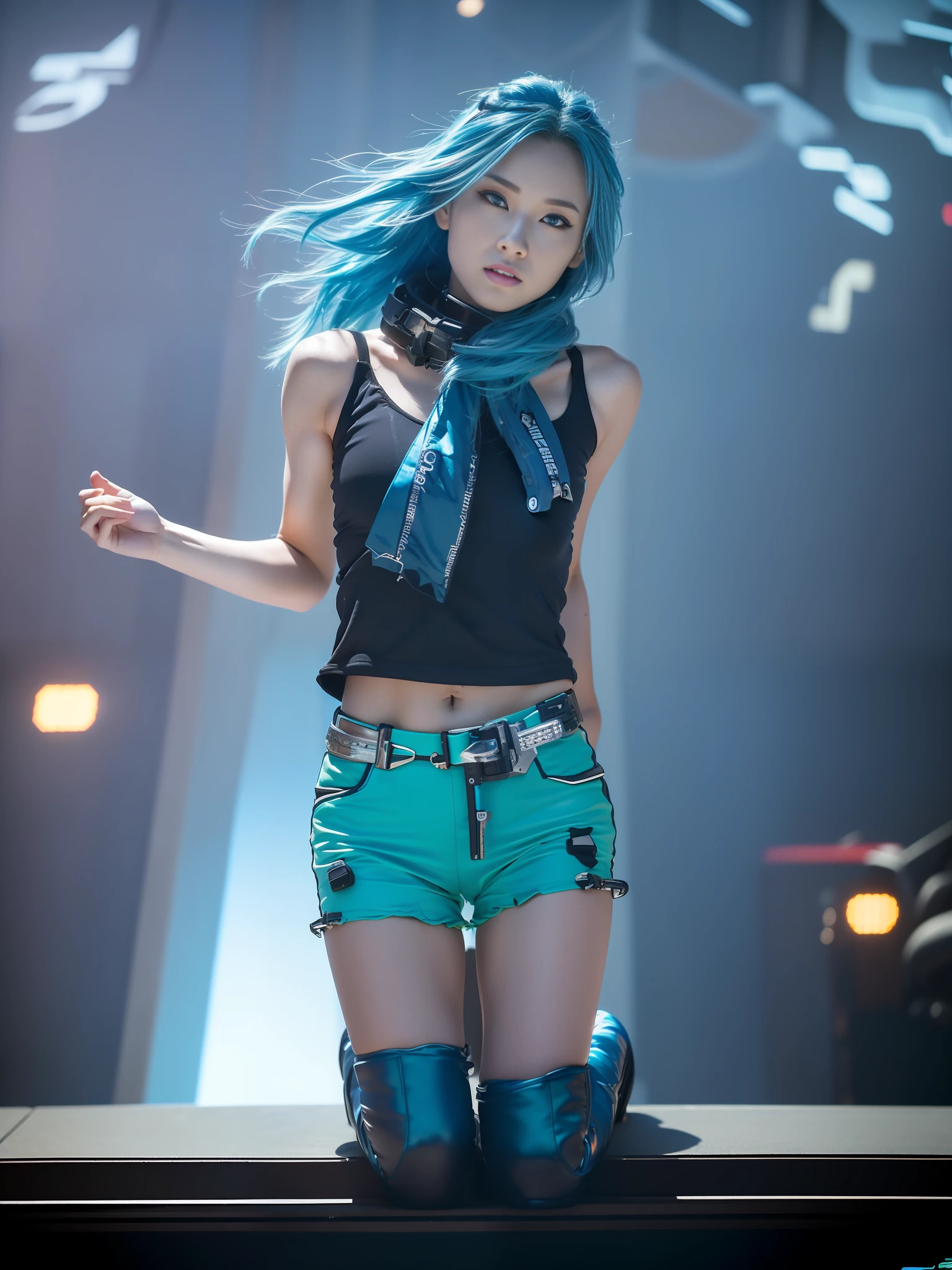 Best Quality, 4K, 8K, 1girl, 17 Y O, ((Cyberpunk: 2)), (Combat Ready), ((Humanoid Female Cyborg: 1.2)), ((Sports Bikini with Equipment: 1.2)), ((Highly Detailed Face: 1.2)), Cool Beauty, (Short Cut), (Long Boots), ((Instruments)), ((Blue Hair)), ((Red Eyes))