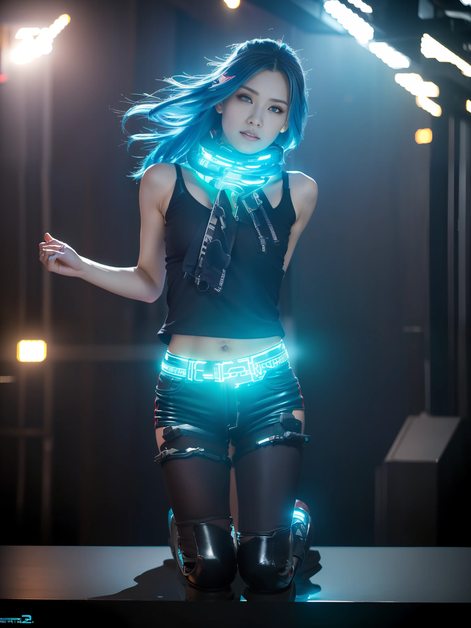 Best Quality, 4K, 8K, 1girl, 17 Y O, ((Cyberpunk: 2)), (Combat Ready), ((Humanoid Female Cyborg: 1.2)), ((Sports Bikini with Equipment: 1.2)), ((Highly Detailed Face: 1.2)), Cool Beauty, (Short Cut), (Long Boots), ((Instruments)), ((Blue Hair)), ((Red Eyes))