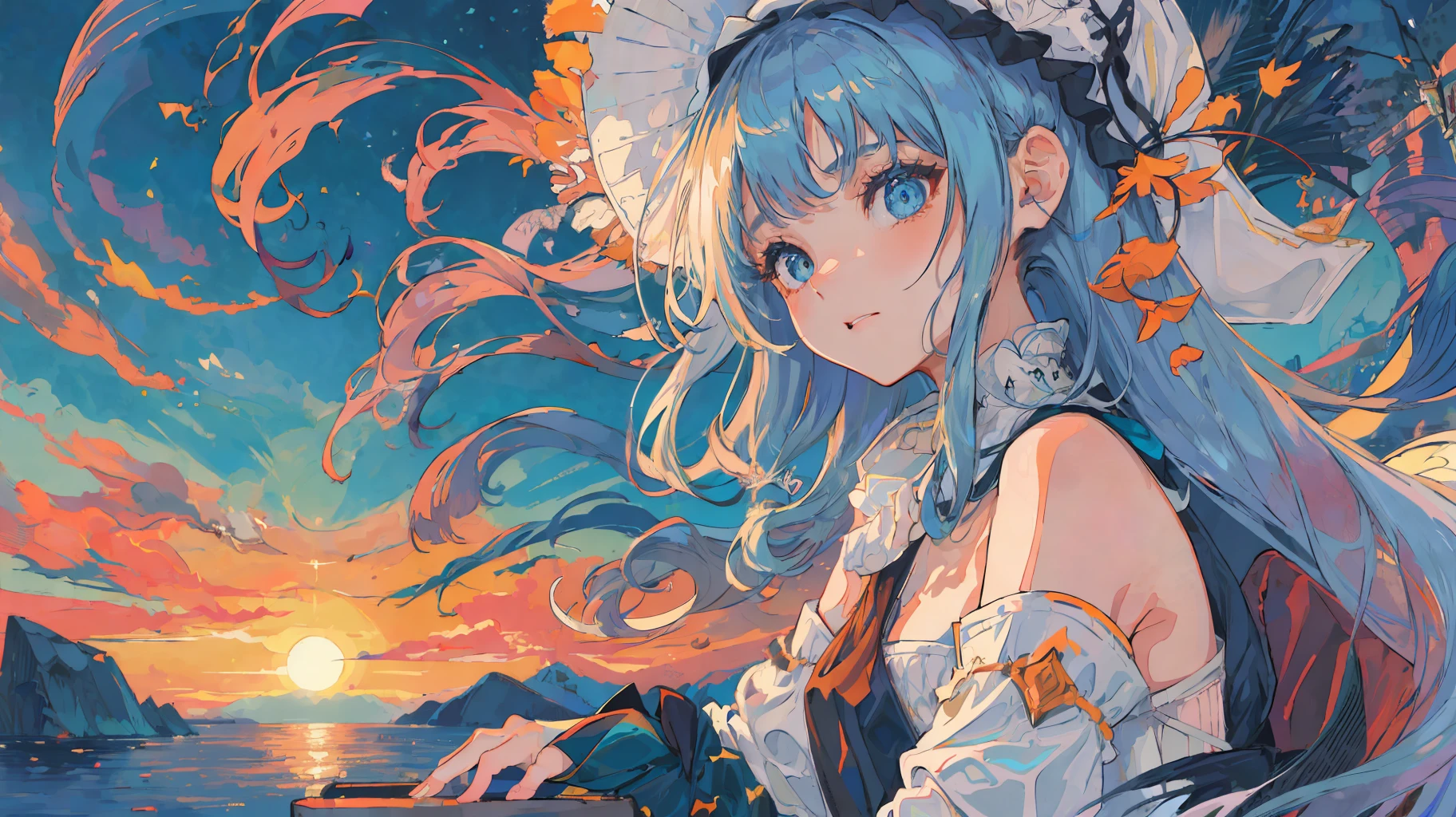 (flat color),colorful,Distant view，Sitting, playing the piano(masterpiece:1,2), best quality, masterpiece, highres, original, extremely detailed wallpaper, looking at viewer, (close-up),((colorful)),(Detailed eyes description), (8K wallpaper), cute，loli，(masterpiece,best quality,ultra-detailed,illustration),(cinematic lighting),dreamy atmosphere,(bubble),warm light,1girl,solo (little girl:1.5),(1girl),(Station type,Telephoto lens, wide Angle lens),First person,Depth of field 1girl,solo,loli, expressionless,(+++a girl with lightblue long gradient hair and orange aqua eyes+++:1.2),with butterfly,standing, constricted pupils, (hair flowers),small breasts, long bangs,hime cut,(solo:1.5),Long hair, wavy hair, curly hair, fall clothes, ((dark blue wizard hat)), blush, blue eyes, piano, （（playing piano））, wind, sunset, （(sunset, ））beautiful dreamy clouds, beautiful sky, (end light,) blink, laugh, white dove, bird, （（North Pole, ））iceberg, light blue scarf, haze blue autumn clothes, glacier, ribbon, (sea ice,) clear, sea water, (（（The figure plays a piano on the ice in Antarctica)））