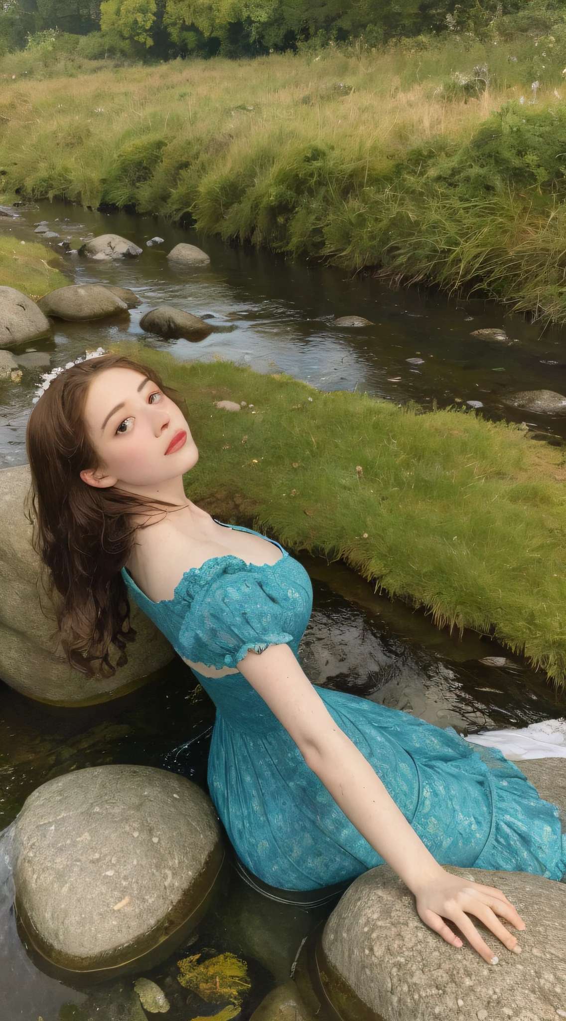 a painting of a woman laying on a rock in a river, ophelia, millais, by John Everett Millais, by Arthur Hughes, inspired by Arthur Hughes, y pre-raphaelite, pre - raphaelites, pre-raphaelites, in water! john everett millais, pre-raphaelite oil painting, pre-raphaelite style, pre - raphaelite style