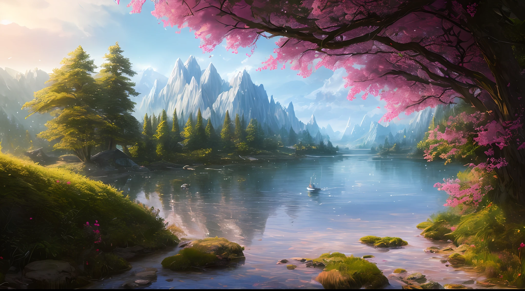 masterpiece, best quality, high quality,extremely detailed CG unity 8k wallpaper, An enchanting and dreamy scene of  a sailing boat in fantasy forest, with towering trees, hidden fairy glens, creating a sense of mystique and enchantment, artstation, intricate, trending, award winning photography, Bokeh, Depth of Field, HDR, bloom, Chromatic Aberration ,Photorealistic,extremely detailed, trending on artstation, trending on CGsociety, Intricate, High Detail, dramatic, art by midjourney