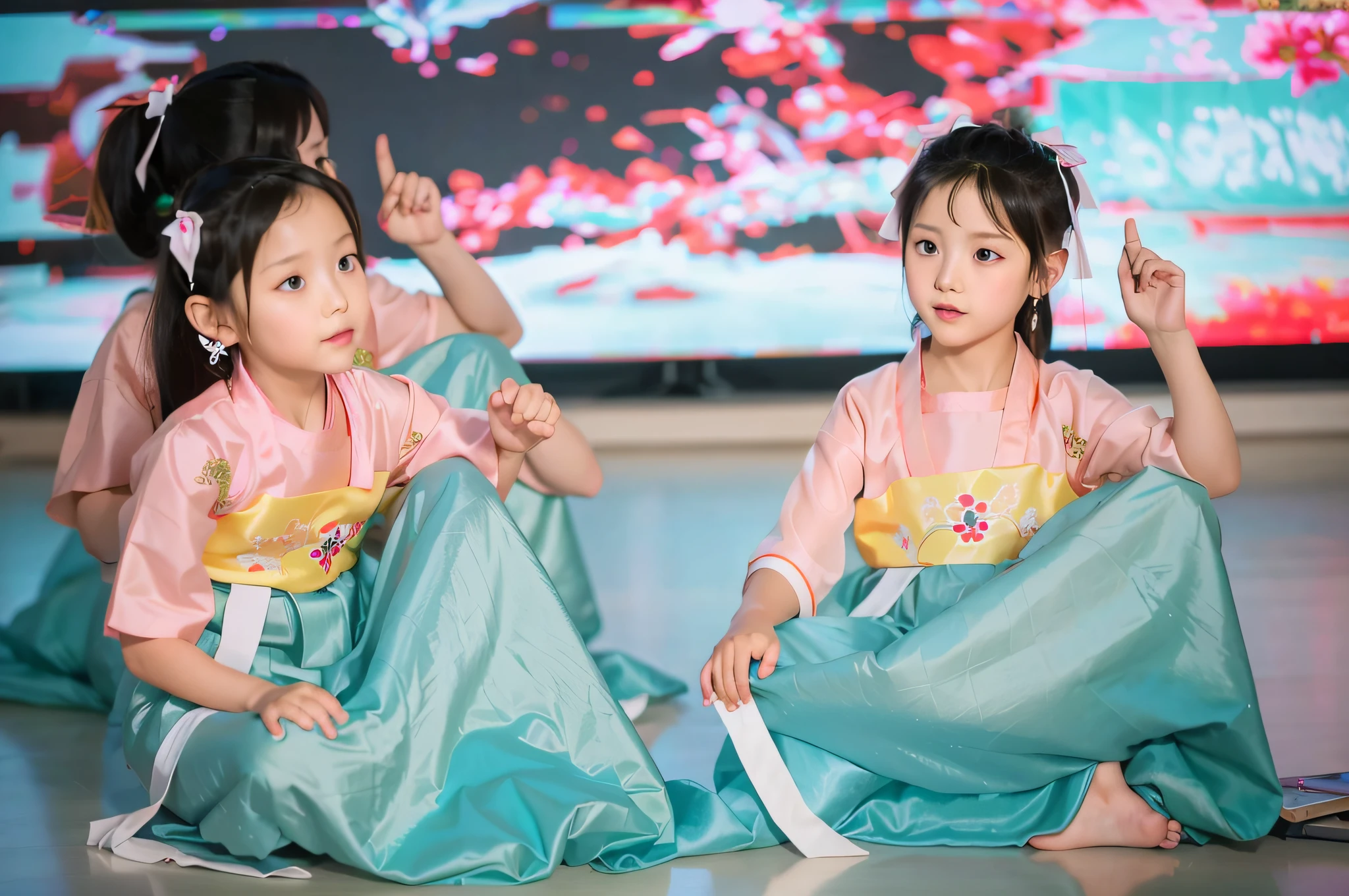 two girls in colorful dresses sitting on the floor, wearing ancient chinese clothes, hanbok, korean hanbok, traditional chinese clothing, highlight, kids, traditional tai costume, hanfu, korean girl, kid, children, cute:2, chinese costume, hanbok apron, 8k 50mm iso 10, with acient chinese clothes