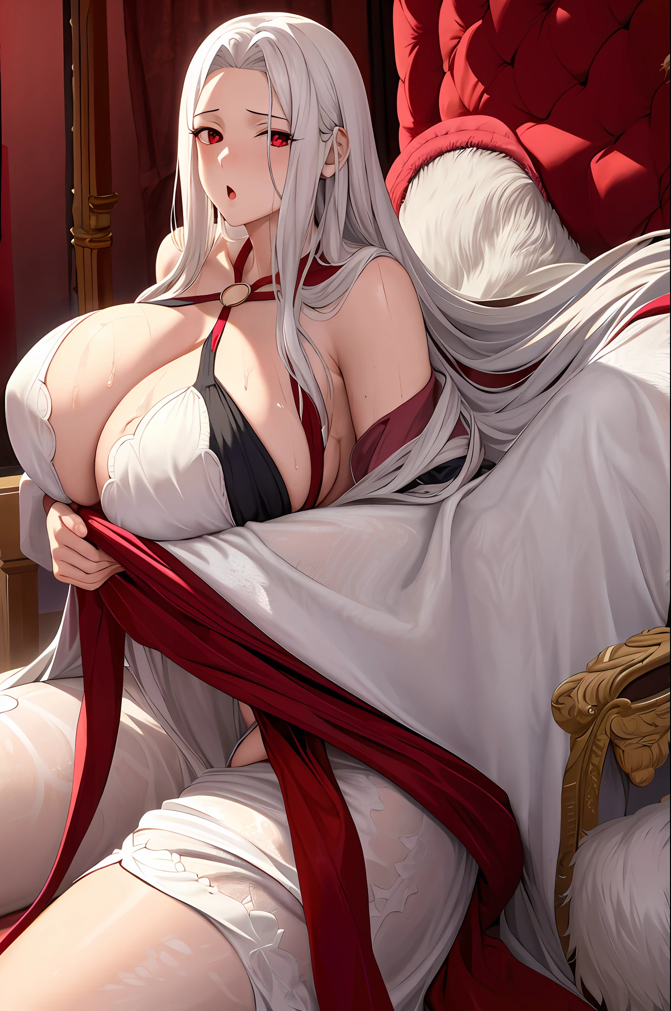 masterpiece, absurd, 1 girl, mom, white hair, red eyes, mature, solo, long hair, cleavage, groin, wet with water, breast patch, silk dressing gown, bed, bedroom background, black, rigorous body structure, good-looking fingers, breast milk, lying down, chest ribbon: o,