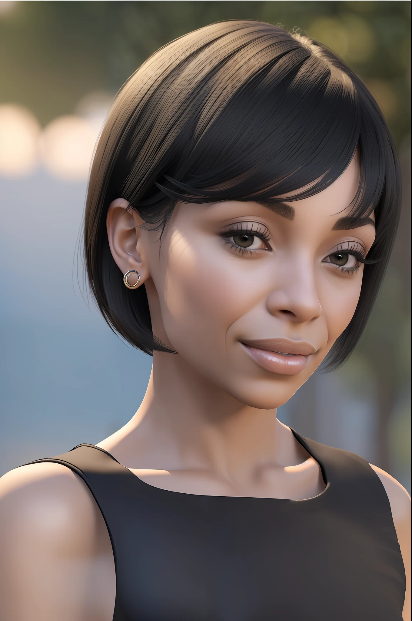 (((Tamara Taylor))), (a very tall slender woman with long legs walks on a busy beach promenade), ((tall slender figure)), ((hairstyle bob)), ((short black hair)), (narrow pelvis), (small round breasts), big brown eyes, ((small head)), It's evening and the sun is about to set, evening mood, she's smiling, (((She's wearing an elegant black pencil dress made of jersey fabric))), (photorealistic:1.2),  (best quality), (intricate details), 8K, (high poly), (ray tracing), (cinema lighting), (sharp focus), (detailed face:1.3), natural and realistic skin textures, soft face, (perspective from the front)