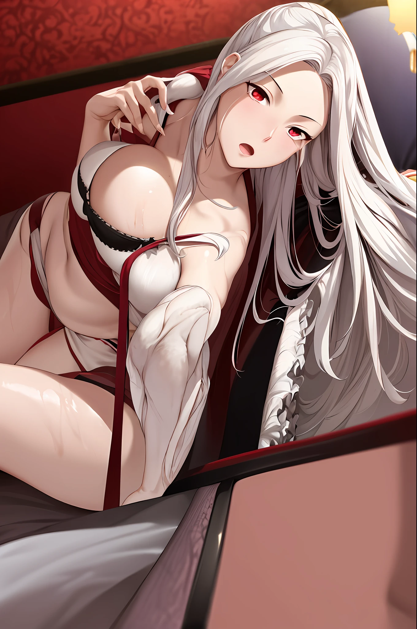 masterpiece, absurd, 1 girl, mom, white hair, red eyes, mature, solo, long hair, cleavage, groin, wet with water, breast patch, silk dressing gown, bed, bedroom background, black, rigorous body structure, good-looking fingers, breast milk, lying down, chest ribbon: o,