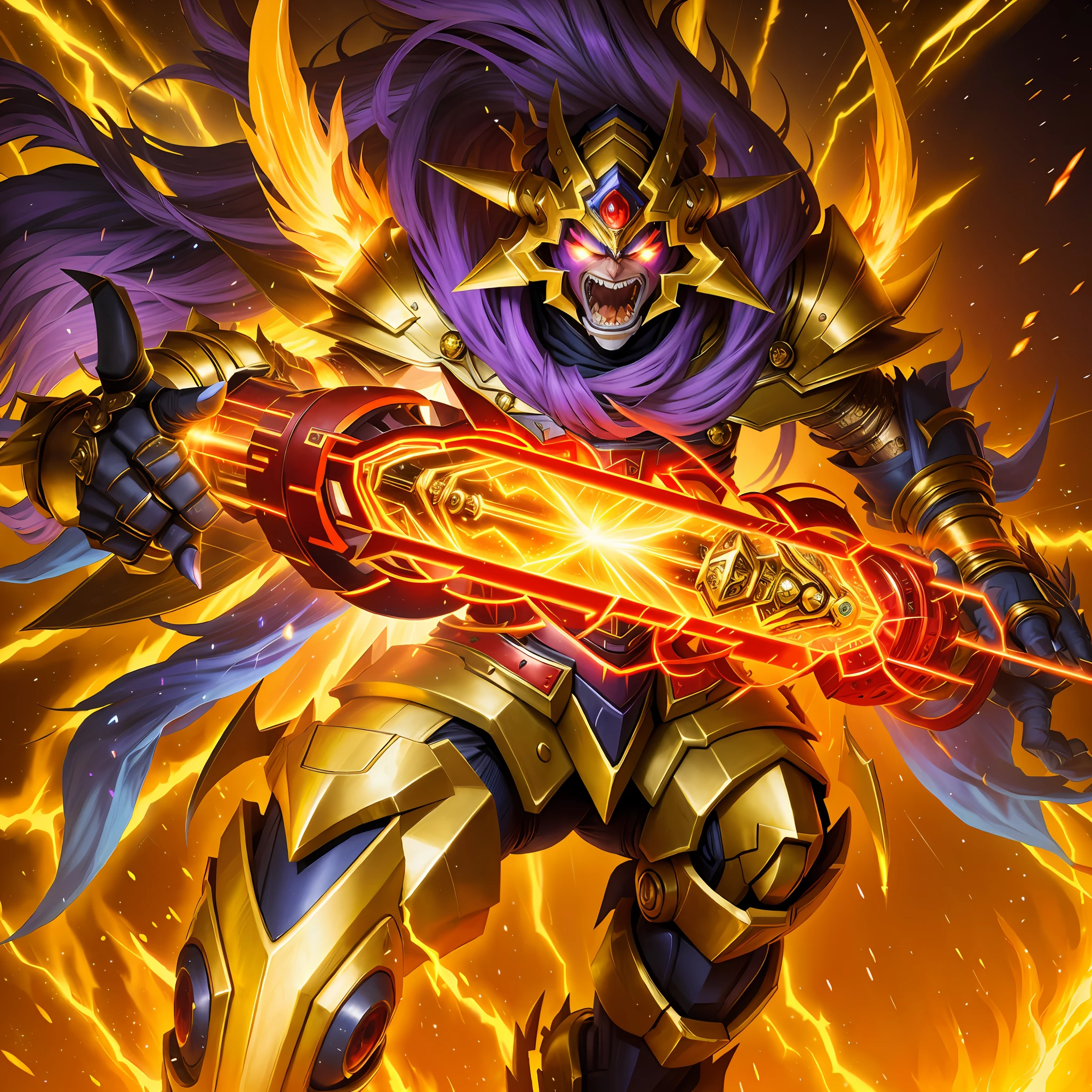 Yugioh golden Aztec armor screaming in fury holding the galaxy