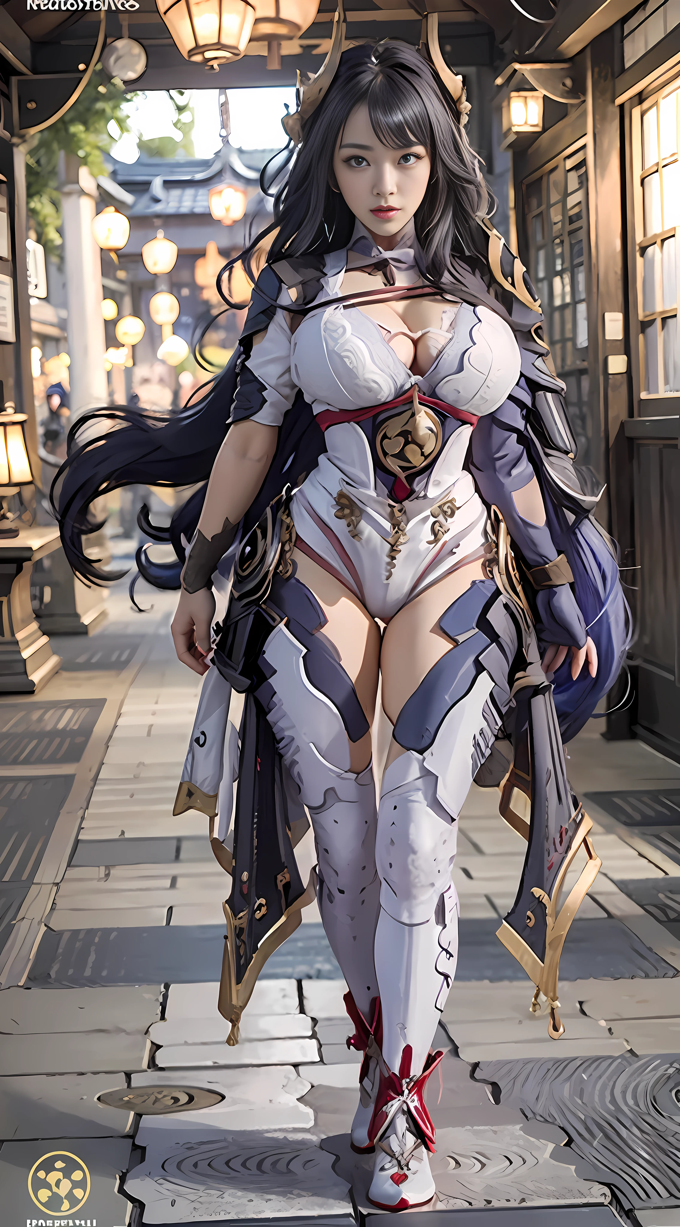 Unreal Engine 5 Realistic Rendering, wearing cosplay from Honkai Star Rail, Honkai Star Rail, game character, cosplayer, walking down hallway of Kyoto Castle, beautiful face, makeup, top body is hyper realistic thicc muscle and hyper largest_breasts!! with the type of boobs_melons, lower is huge buttocks, jealous, highres, 1080P, UHD, masterpiece, bokeh,