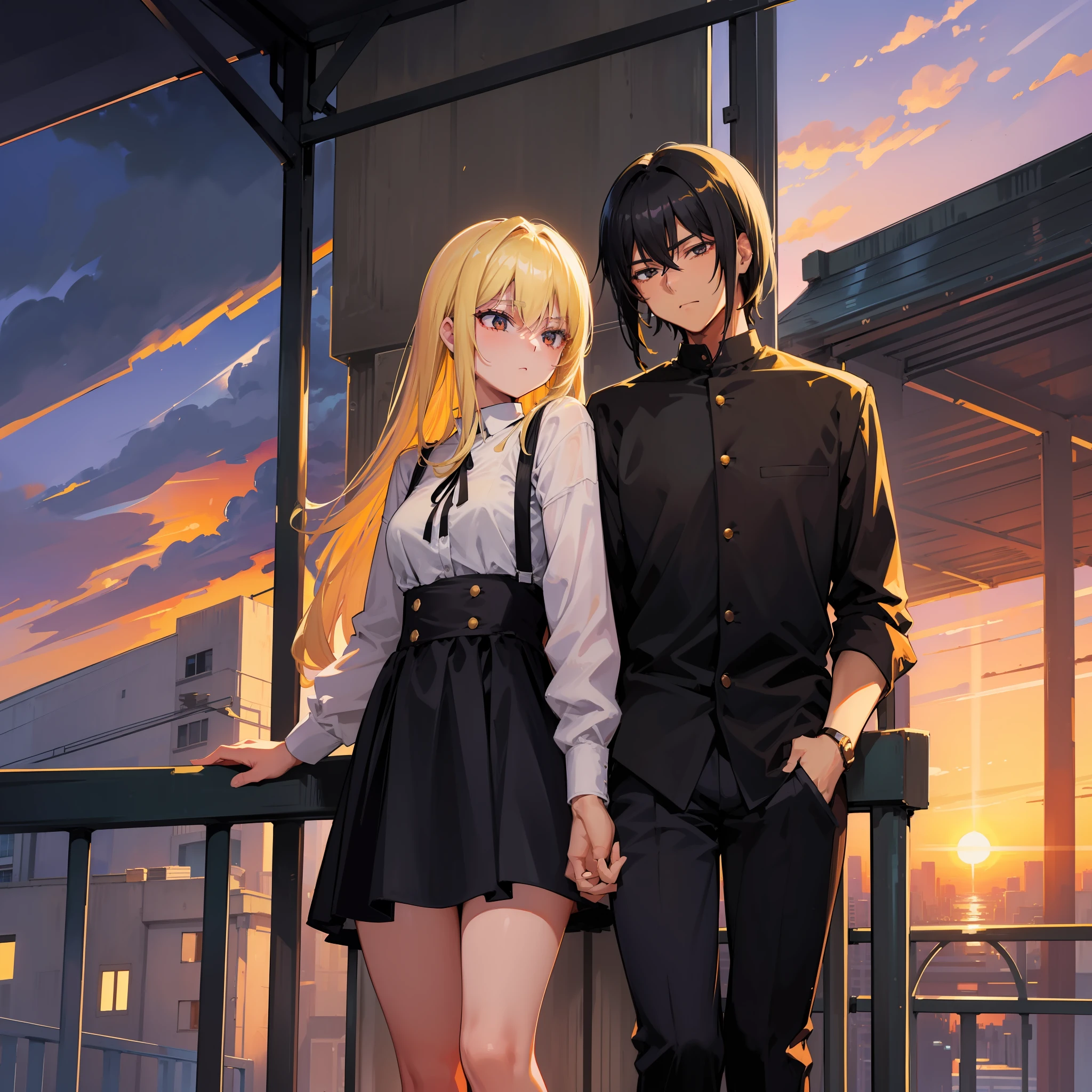 (black hair man and blond woman leaning on a rail:1.2),foreheads touching ,love, deep in love, sunset masterpiece