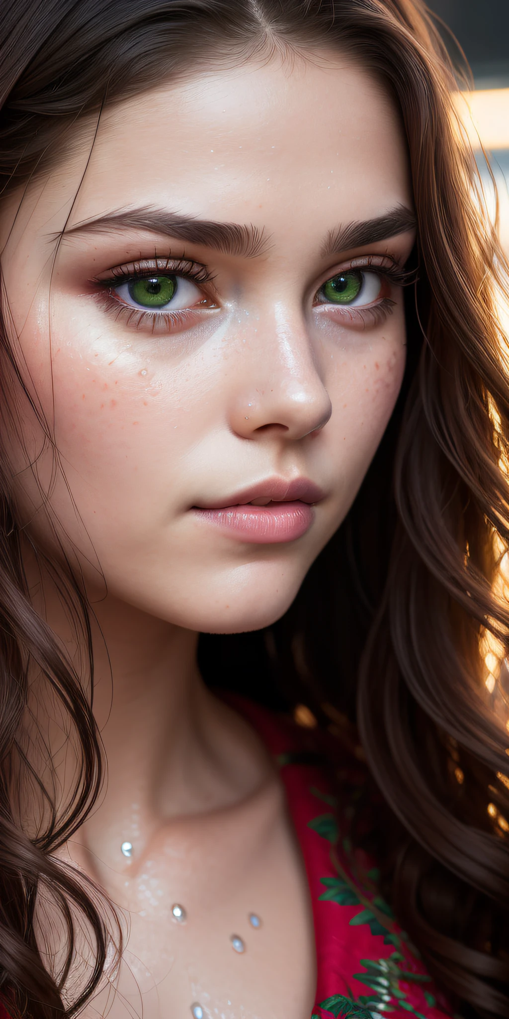 Full face portrait photo of 25 year old European girl, RAW, beautiful woman, half-open strawberry lips, dimples, longing gaze, green eyes, big pupils, big eyelashes, (very long wavy brown hair), ((detailed face)), ((detailed facial features)), (fine skin), pale skin, (tech cyberpunk dress with detailed deep cleavage), Cyberpunk megacity environment, (cold colors), wet, damp, reflection, (masterpiece) (perfect proportions) (realistic photos) (highest quality) (detail) shot with Canon EOS R5, 50mm lens, f/2.8, HDR, (wallpaper) (cinematic lighting) (dramatic lighting) (sharp focus) (complex), (face close-up)),