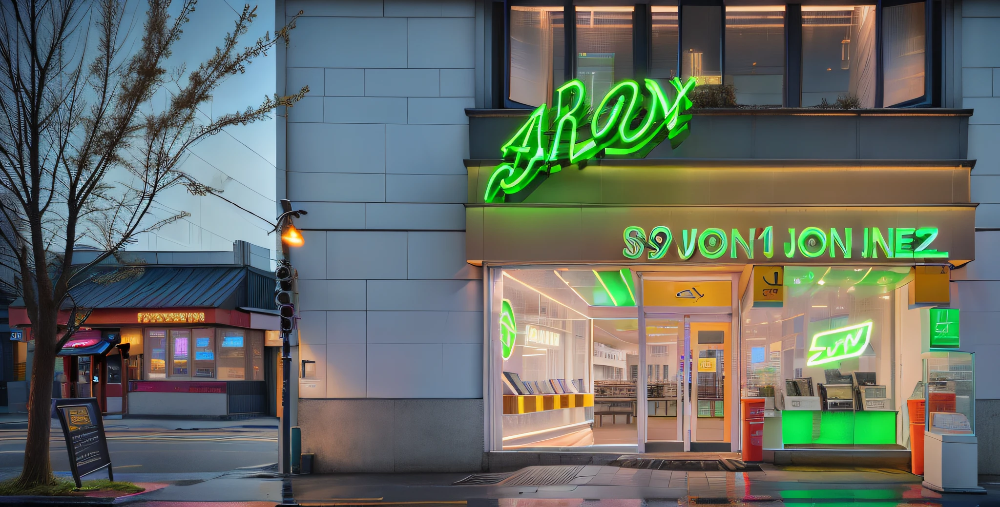 Building with a storefront with a neon sign in front, alt art, artistic rendering, photo rendering, artgem lau, artistic impression, by not aarenz, storefront, artist impression, concept art, 3dmax rendering, award-winning storefront design, look from the outside, storefront, RTX rendering, Sony camera shooting, Canon camera shooting, mobile phone camera shooting --auto --s2