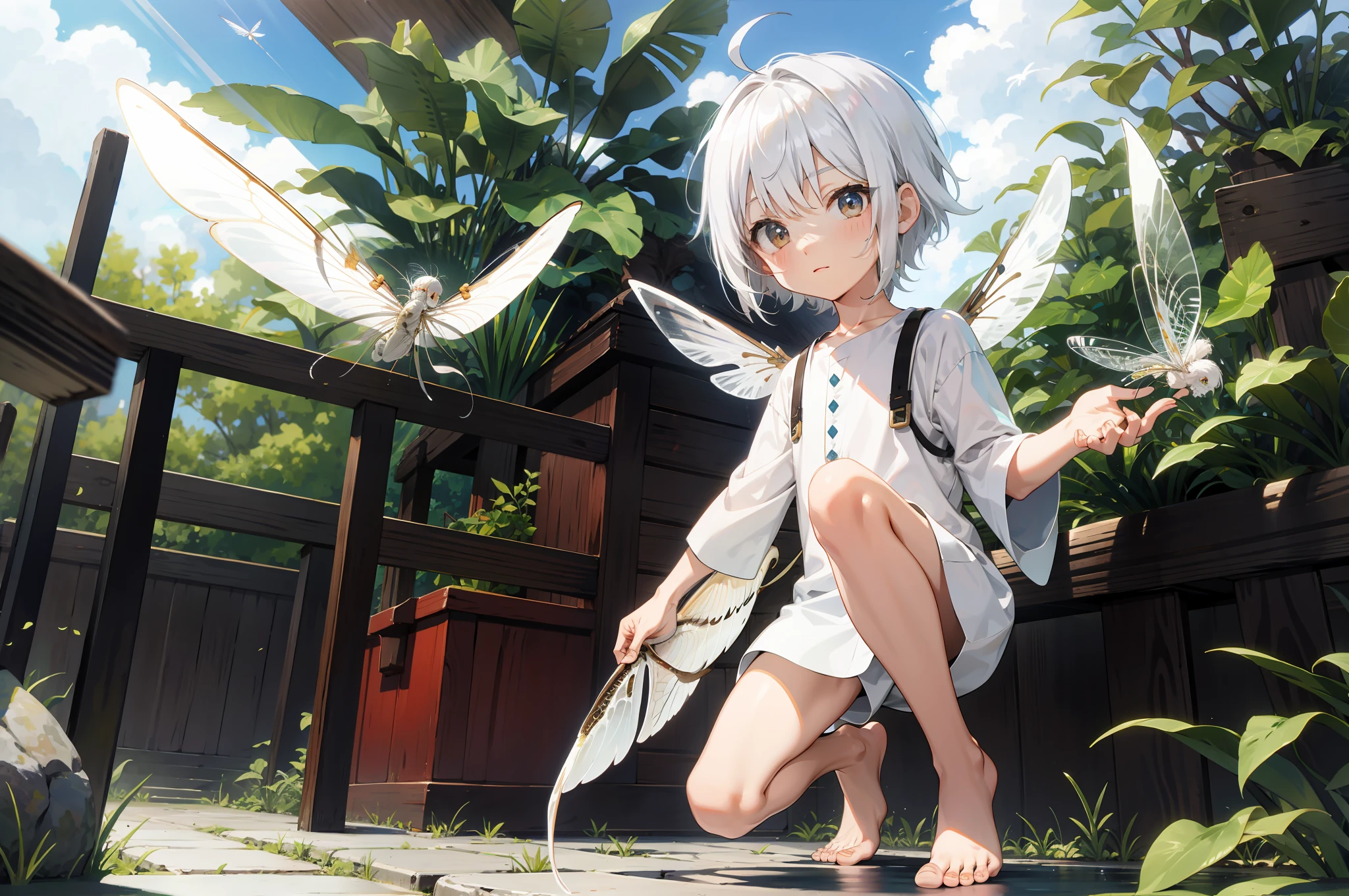 White-haired and barefoot Shota with mayfly wings
