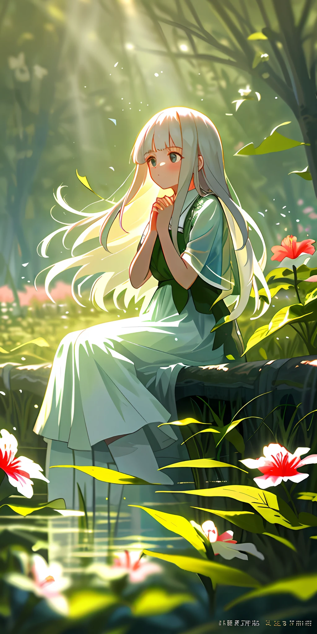 (Masterpiece, best quality), 1 long white-haired girl sitting in the field of green plants and flowers, her hands under her chin, warm light, white transparent dress, blurred foreground, drenched, like a hibiscus out of the water, the soaked clothes allow people to see the underwear worn inside, making people's hearts beat faster, and the unconcealable spring light makes the girl's cheeks appear a large flush
